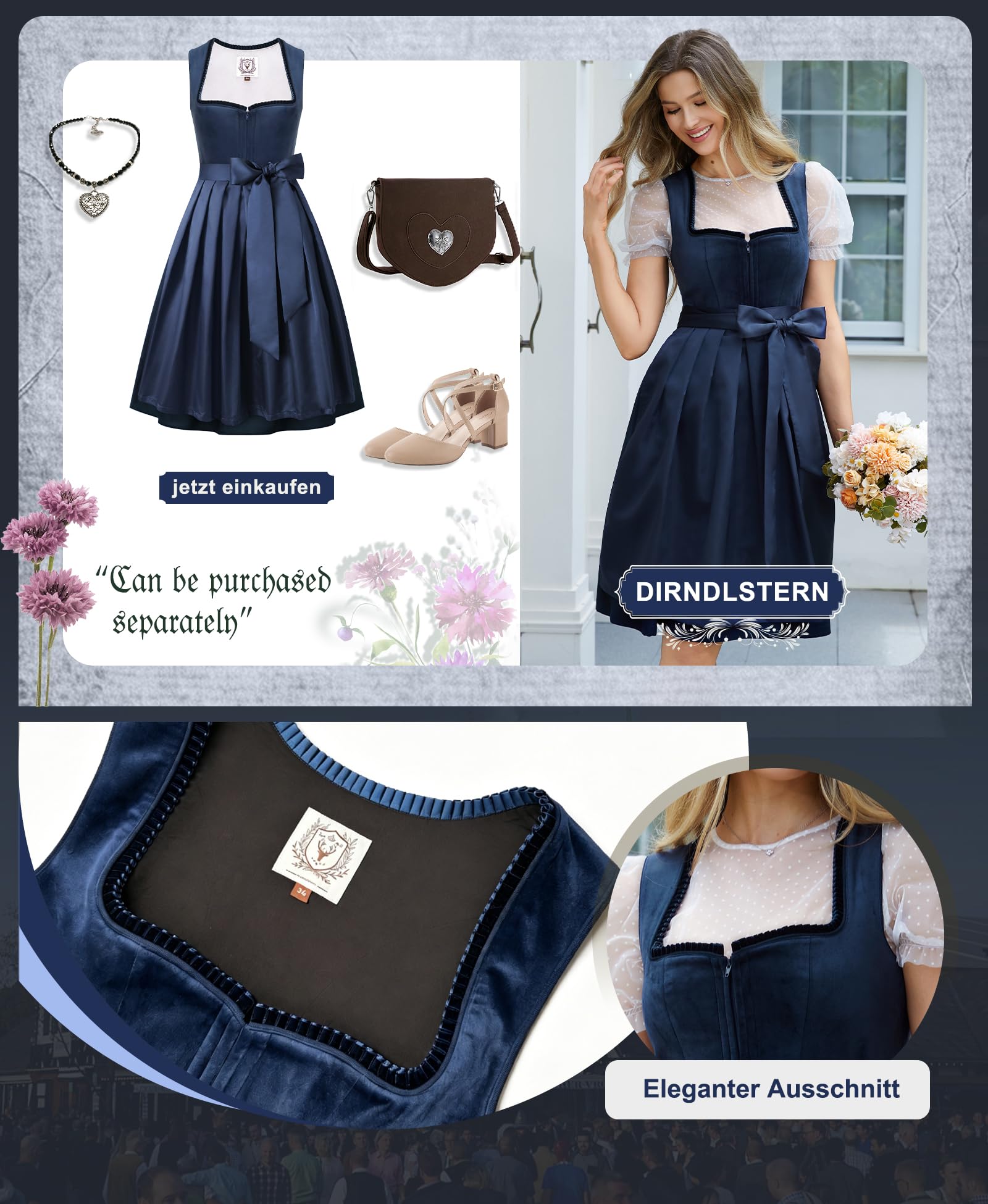 DIRNDLSTERN Damen Blau Trachtenkleid - Dirndlkleid Midi mit Dirndlschürze Trachtenmode Oktoberfest Outfit