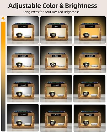 Miniatura 4 de Estación de carga inalámbrica de bambú, cargador inalámbrico con reloj despertador digital y luz nocturna, soporte de carga rápida para iPhone