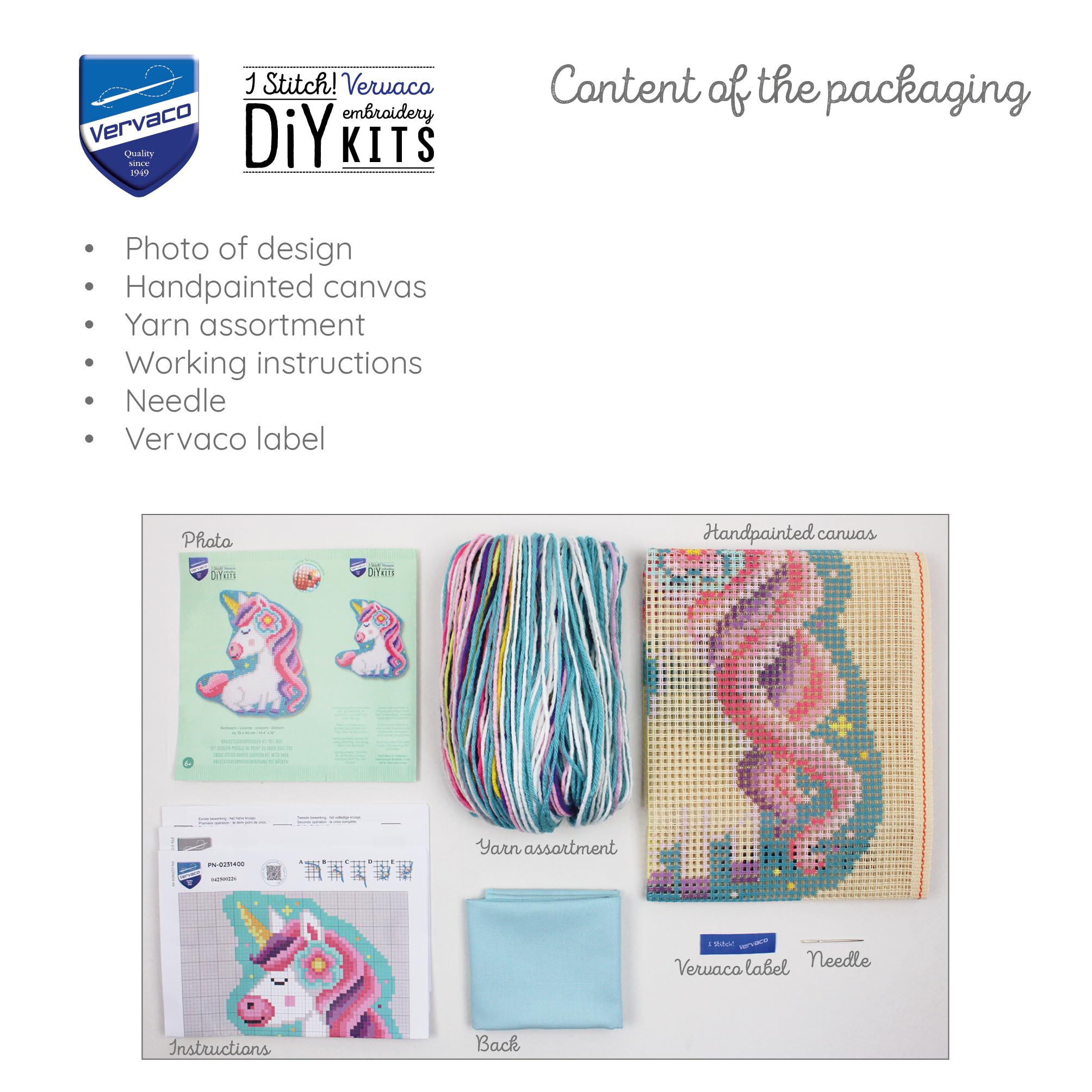 VERVACO Kreuzstich Stickpackungen Kissen Stickerei Set mit Kissenrücken Anfänger Vorgedruckt EINHORN DIY Set Kreativ Set Für Erwachsene36 x 40 cm Bastelset Handwerker Haus Dekoration