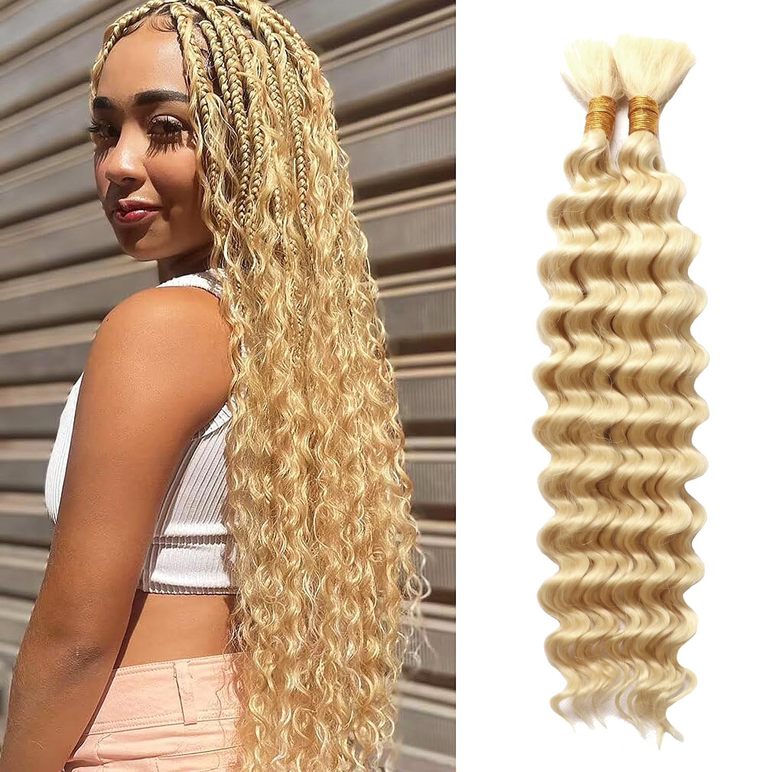 Boho Braids Human Hair Extensions 100g 2 Bundles No Weft Human Braiding Hair for Knotless Braids Wet and Wavy Deep Wave Bulk Human Hair For Women (613#