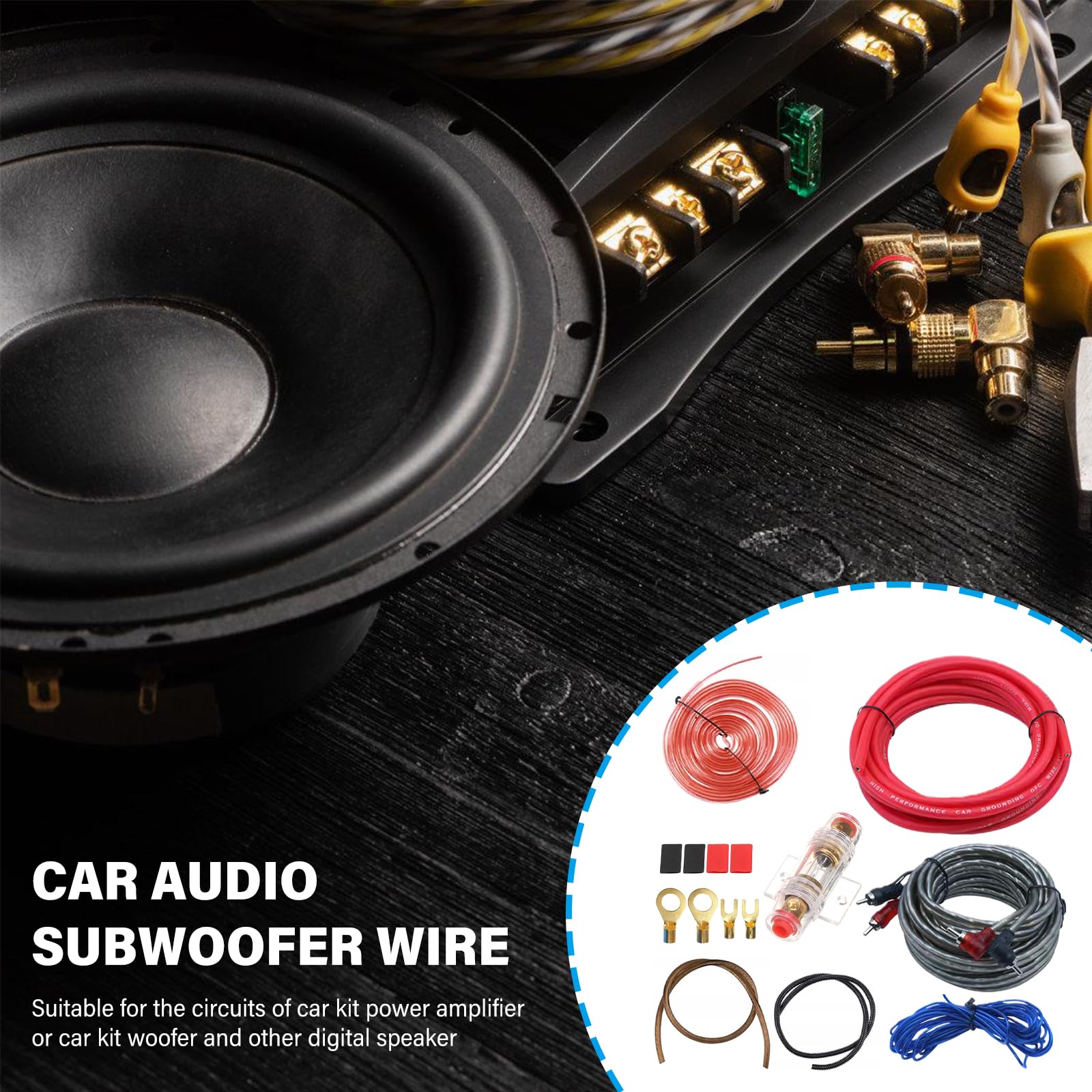 PORFOYO 4GA, set di cavi amplificatori per auto, 5 metri, set di cavi per amplificazione di uscita, cavo per subwoofer, cavo audio per auto con cavo RCA, portafusibili, capicorda forcella per