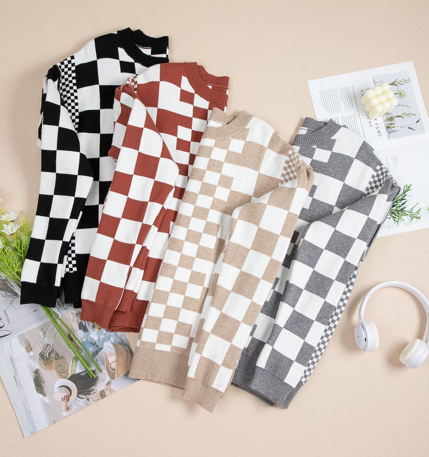 KevaMolly Womens Long Sleeve Sweaters Checkered Print Drop Shoulder Round Neck Sweater Casual Daily Winter Sweater - Image 5