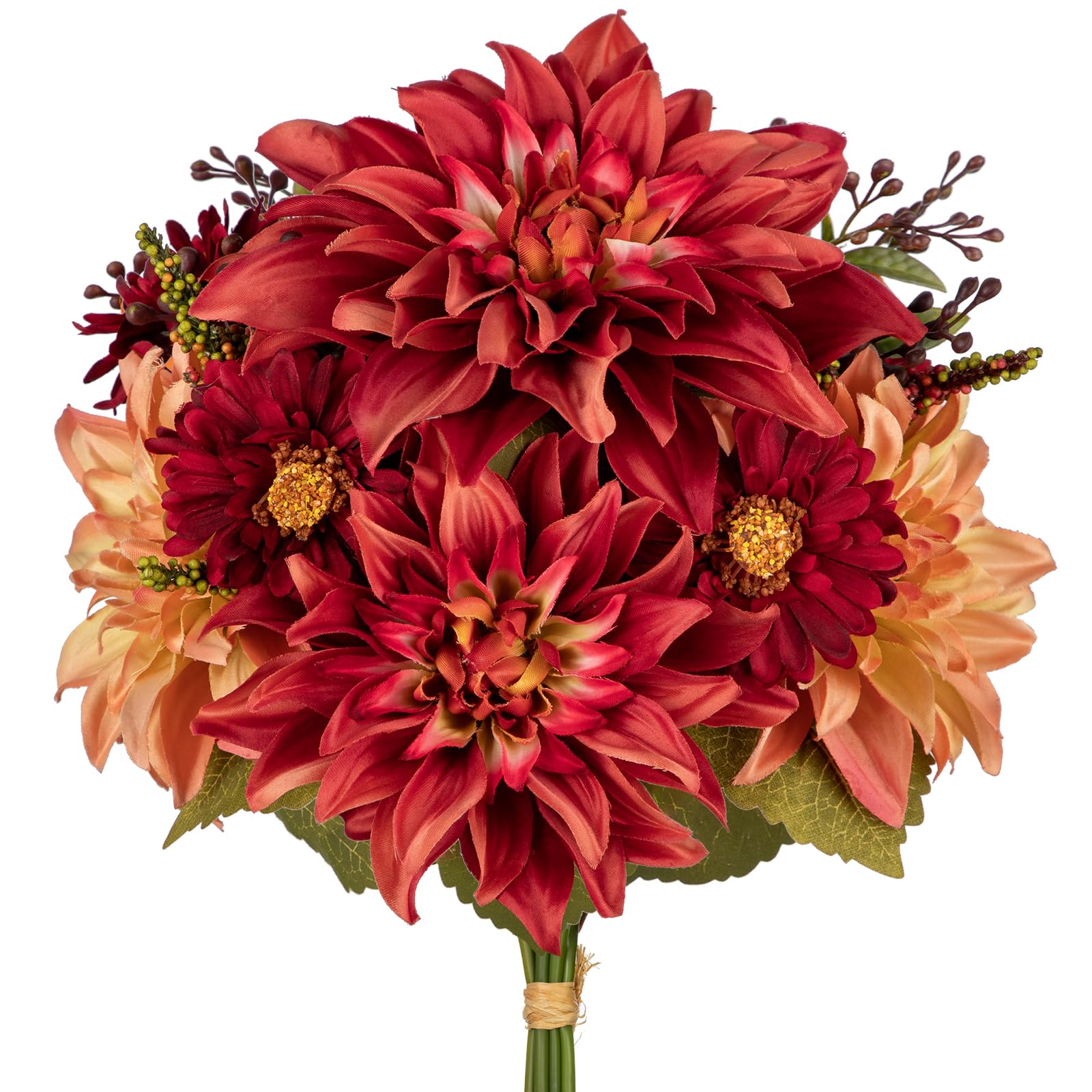 Briful Artificial Dahlia Flowers Bouquet, 9PCS Silk Dahlia Flowers Fake Chrysanthemum Flower, Autumn Artificial Flowers Wedding Bouquet for Bridesmaid, Home Decor, Table Centerpieces