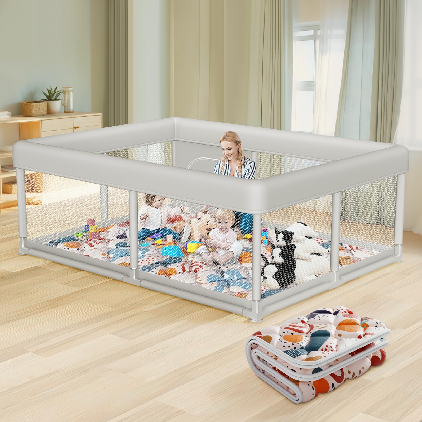 Hiaksedt 65 x 50 Inch Baby Playpen with Mat, PlayPen for Babies and Toddlers, Sturdy Safety Play Yard for Indoor & Outdoor with Zipper Gates,