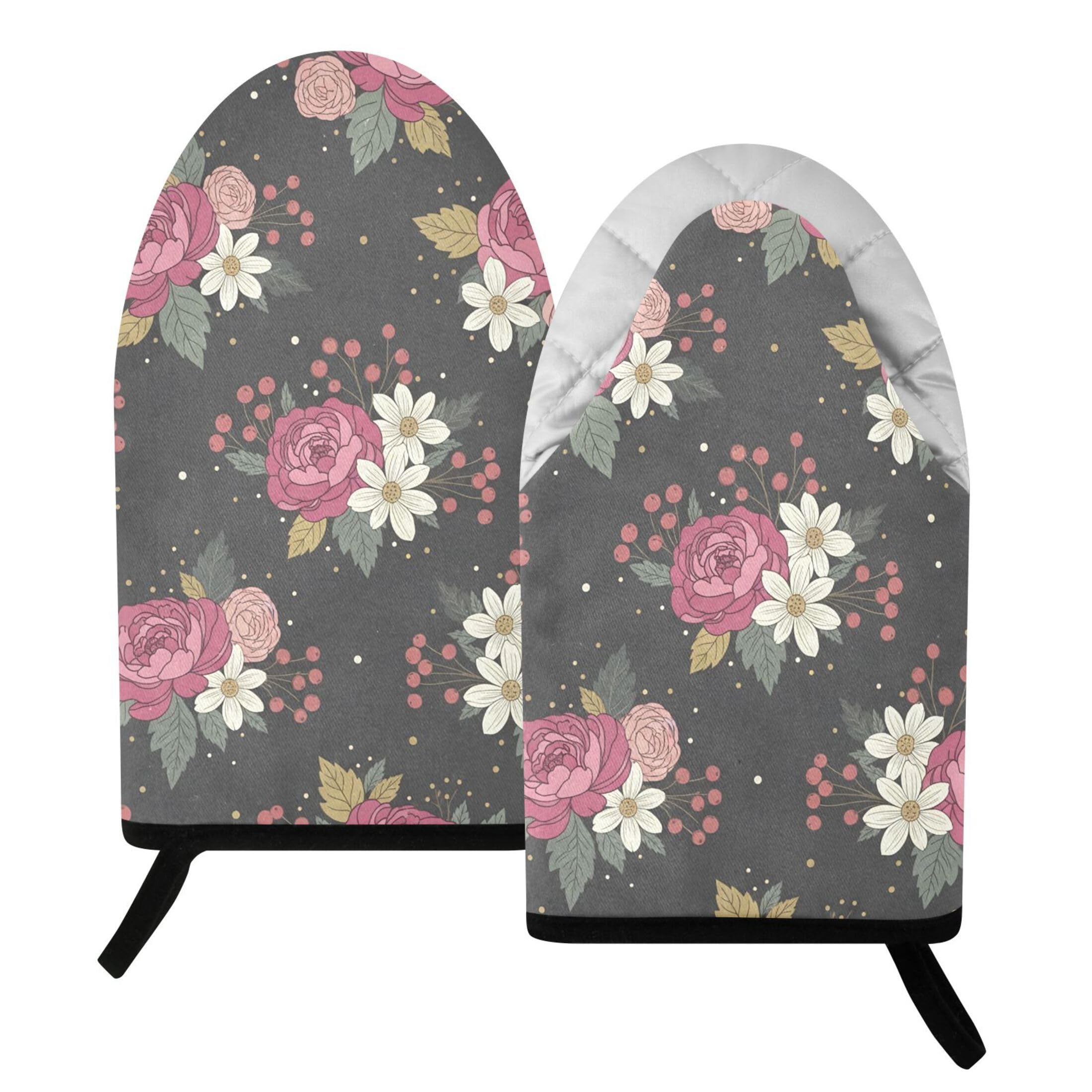Kutsu Flowers Oven Mitts for Kitchen, Heat Resistant Cotton Oven Gloves for BBQ Baking Cooking, Breathable Kitchen Essentials, 2 pcs