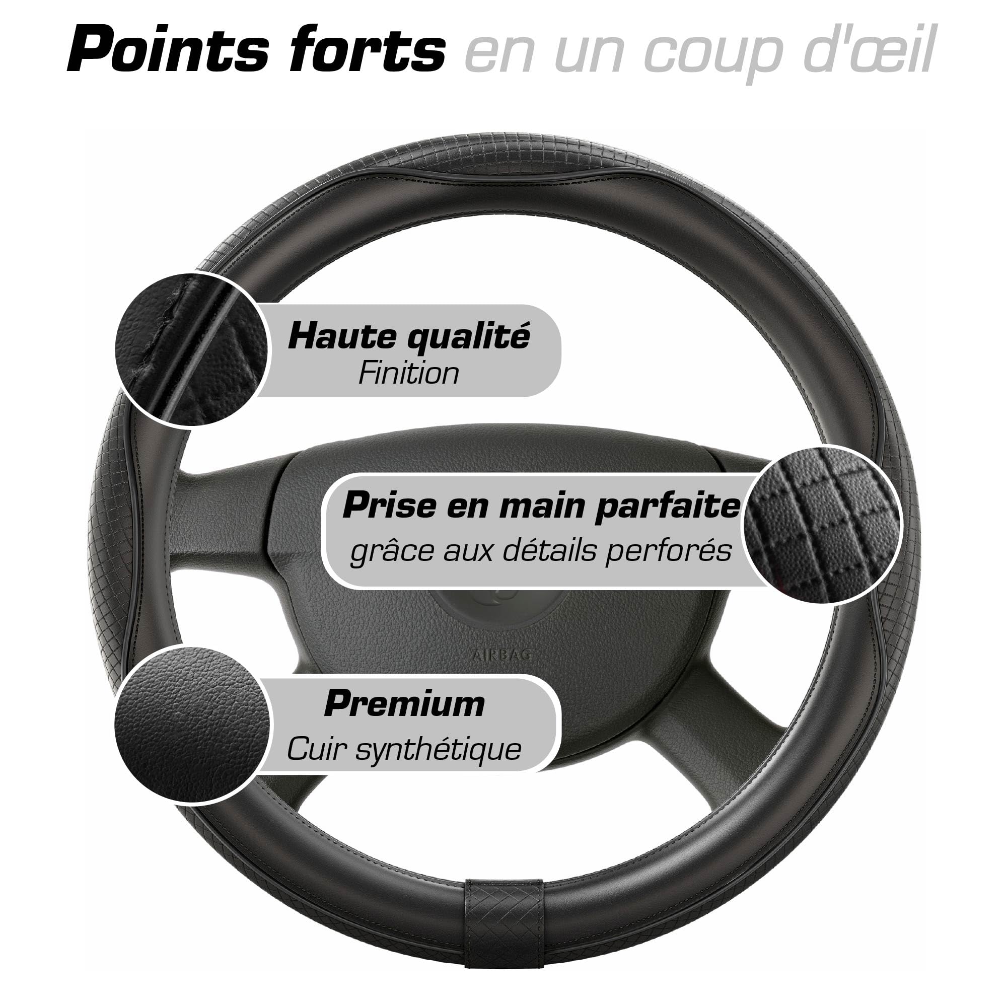 Upgrade4cars Couvre Volant Voiture Noir Simili Cuir | Housse de Protection Taille Universel 37-38 cm | Accessoires Auto Decoration Interieur Protege