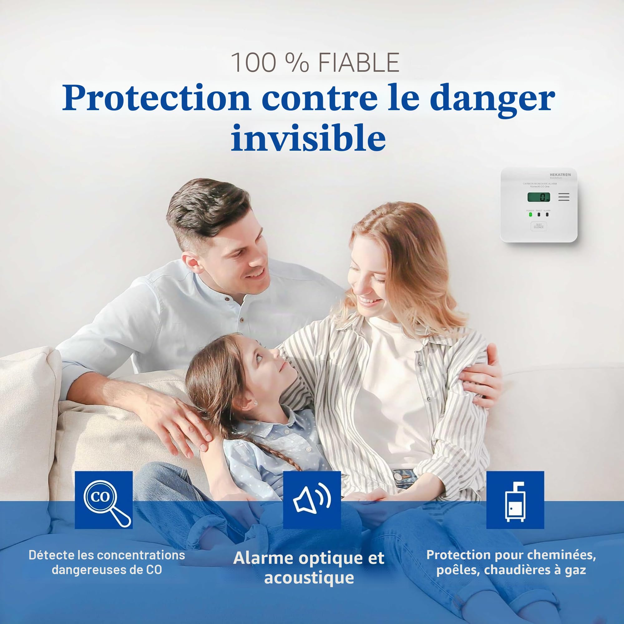Hekatron KonexXt CO One - Détecteur de monoxyde de Carbone - Batterie 10 Ans - Détecteur de CO avec écran Clair et Bouton d'alarme de Test - Installation Facile