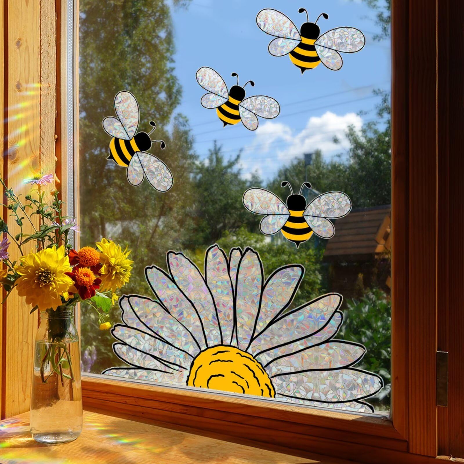 Spring Sunflower Bee Window Clings - Anti-Collision Flower Glass Window Stickers for Birds, Double-Side Suncatcher Decals for Home Office School (