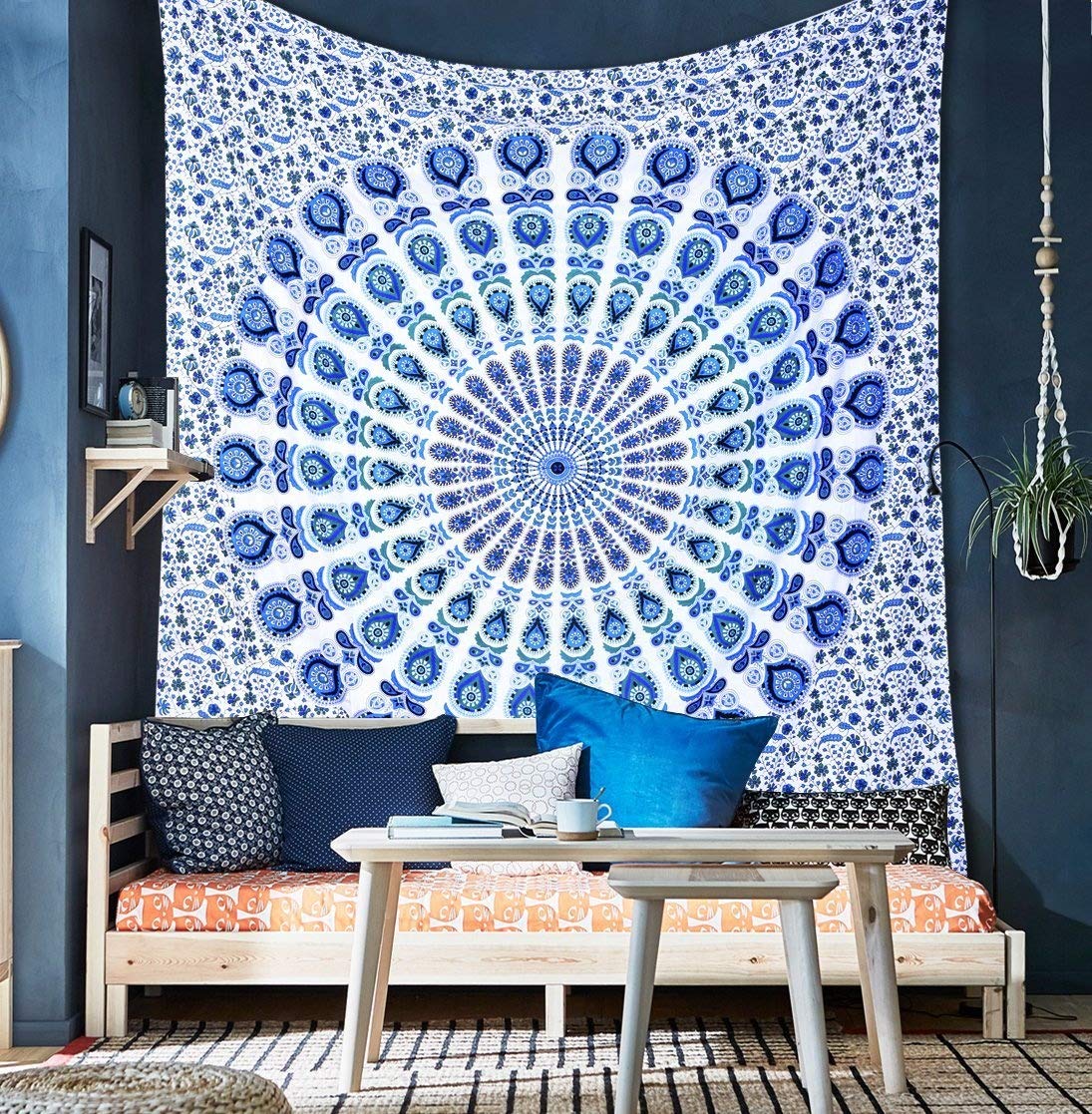 GLOBUS CHOICE INC. Blue Cotton Intricate Floral Designs Indian Traditional Queen Hippie Mandala Picnic Bohemian Boho Tapestry Bedspread Magical Thinking Large Tapestry