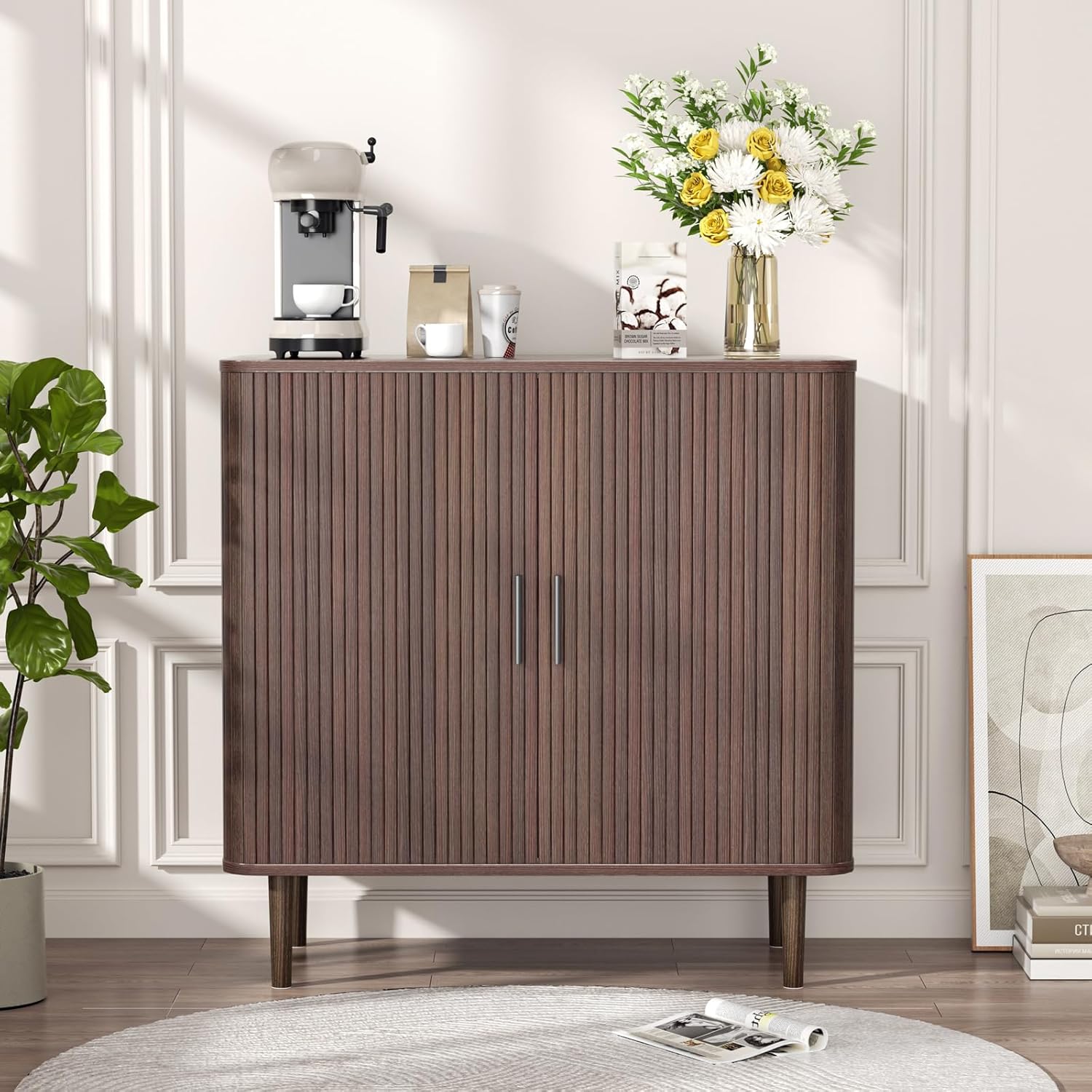 AKMAKM 31" Buffet Cabinet Walnut | Modern Storage Sideboard with Sliding Fluted Doors, Accent Console Cabinet for Coffee Bar, Kitchen, Entryway & Living Room