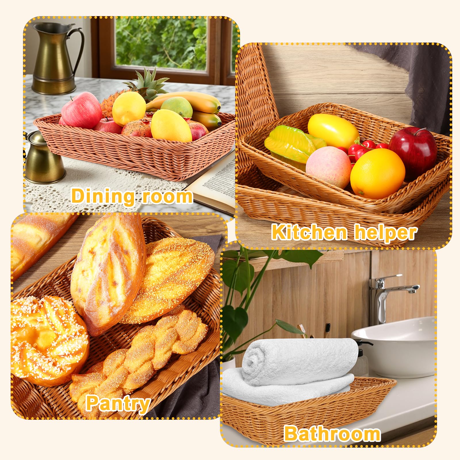 AKOLAFE 4 Pièces Corbeille a Pain en Osier 40 x 30 x 8 CM Panier Pain Empilables Panier a Pain de Service Brun Panier Osier Rectangulaire Corbeille Osier pour Pain, fruit, Légume, Ustensile de Cuisine