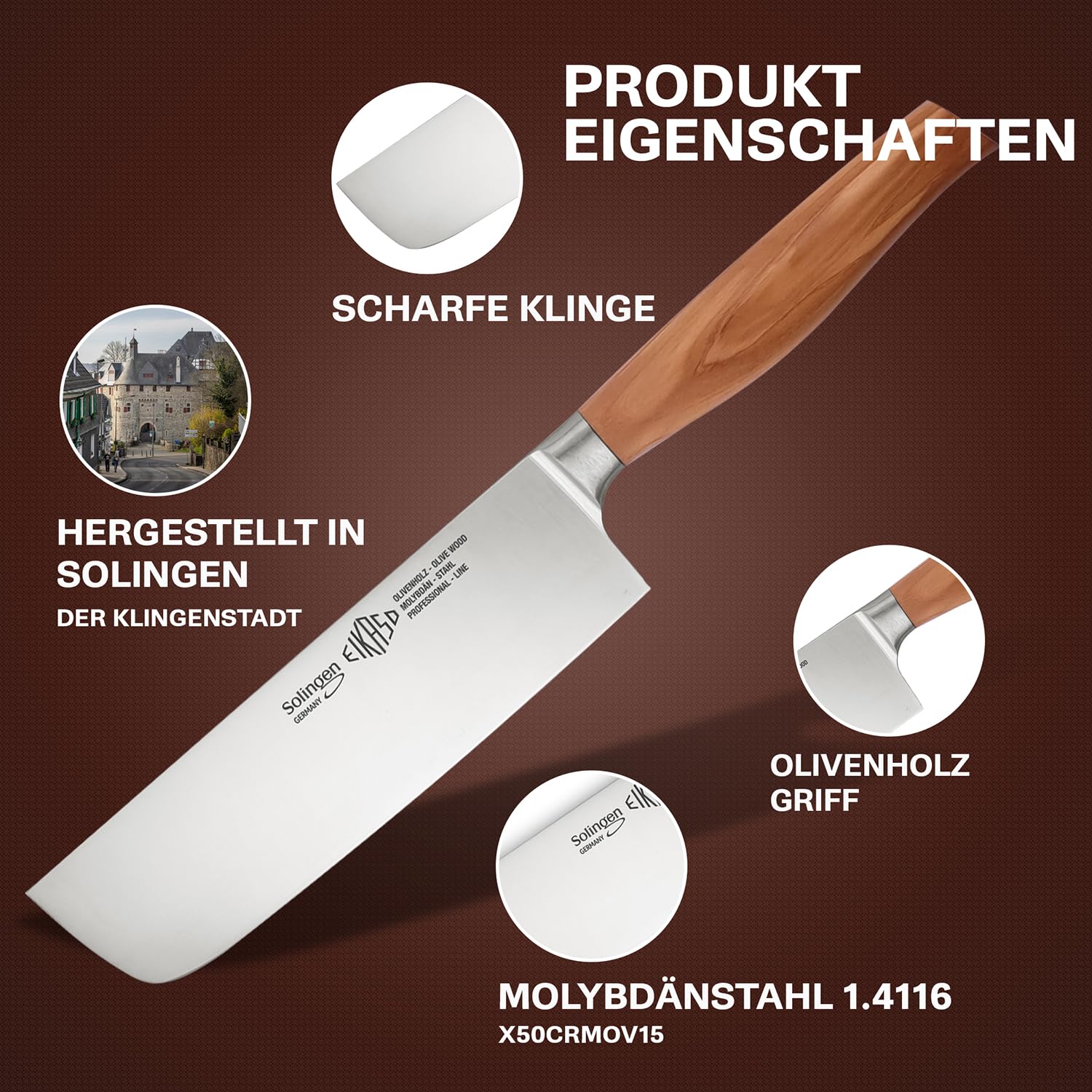 EIKASO Solingen Germany Nakiri Messer 16cm - Geschmiedetes Küchenmesser mit rostfreien Molybdänstahl 1,4116 Japanisches Gemüsemesser geschmiedet mit Olivenholz Griff - Ideal für Gemüse, Kräuter, Salat