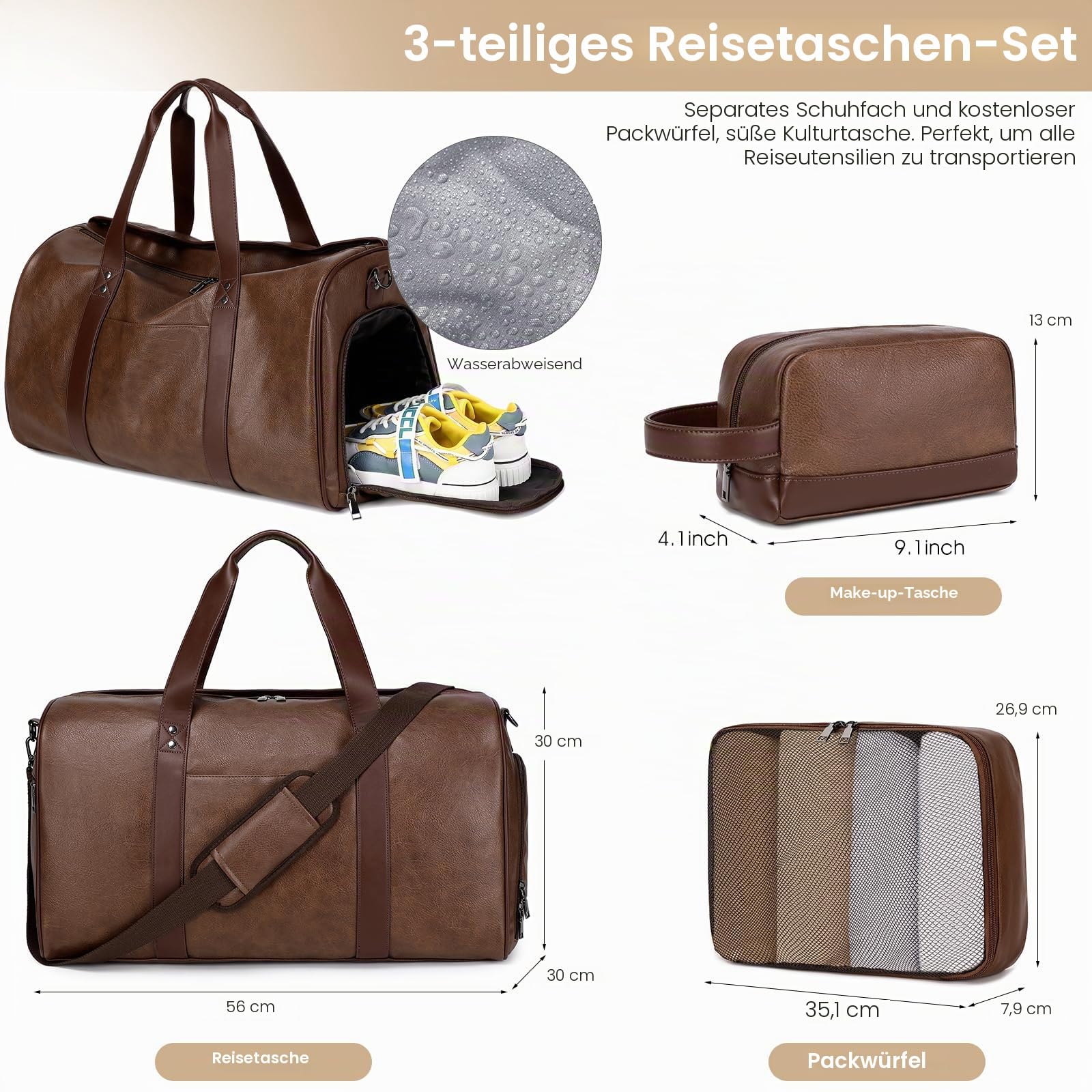 Wogarl Wochenendtaschen für Damen, große Übernachtungstasche, Wochenend-Reisetasche, Schultertasche, mit Schuhfach, 3 Stück, Kaffee, Large, modisch