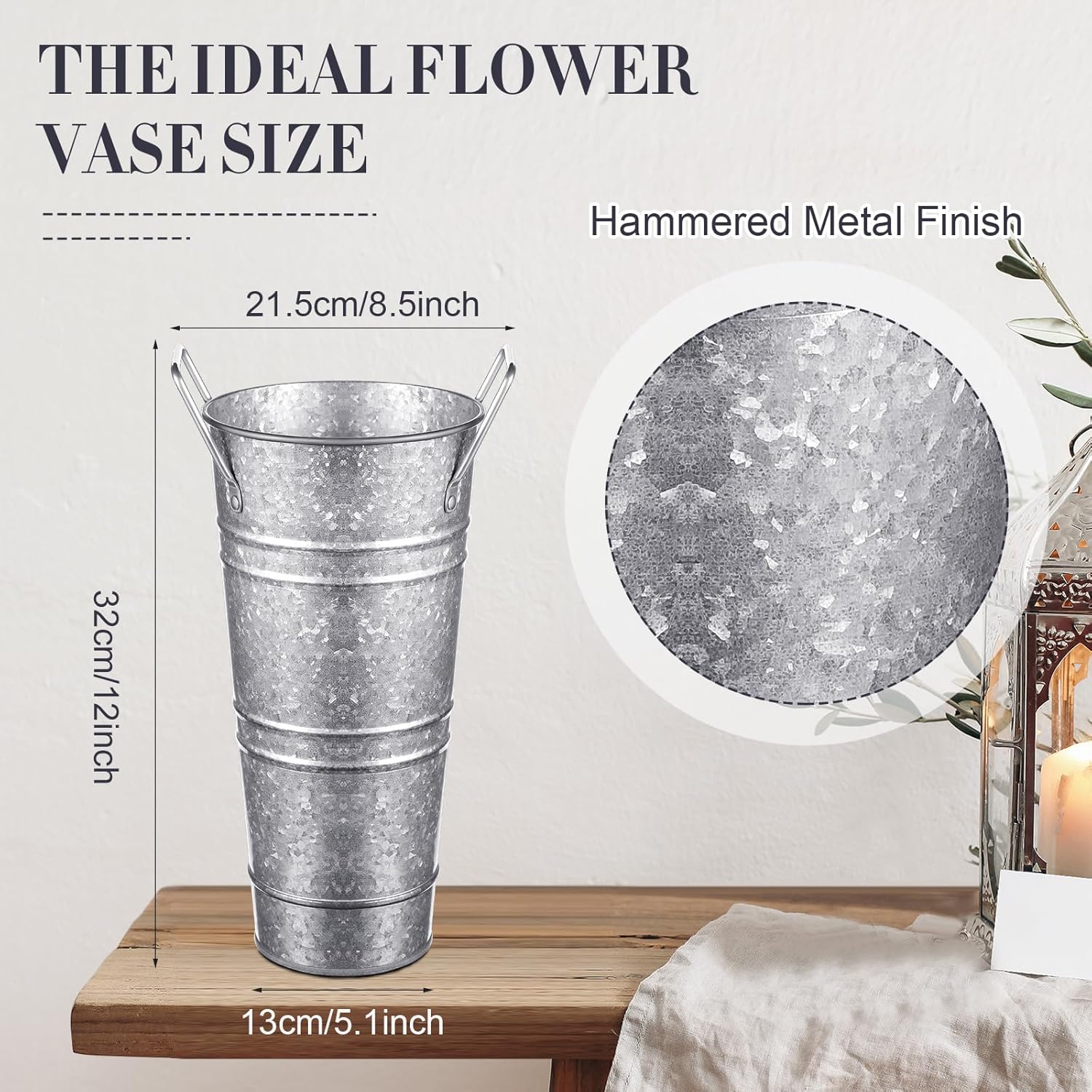 Zhehao 6 PCS 12 Inch Galvanized Metal Vase with Handles Bulk Tin Flower Buckets Galvanized Vases for Flowers Country Wedding Table Centerpieces Metal Flower Buckets for Wedding Home(Matte Silver)