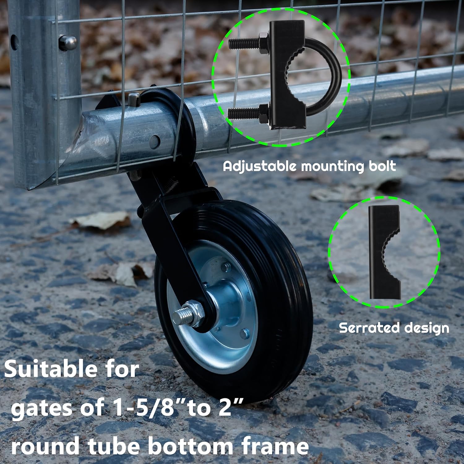 6" Heavy Duty Farm Gate Wheel - 500lb Capacity for 1-5/8" Thru 2" Metal Tube/Swing Gate, Solid Rubber Tire, Rust-Resistant Gate Support Wheel for Chain Link Fence, Black, 2 Pack