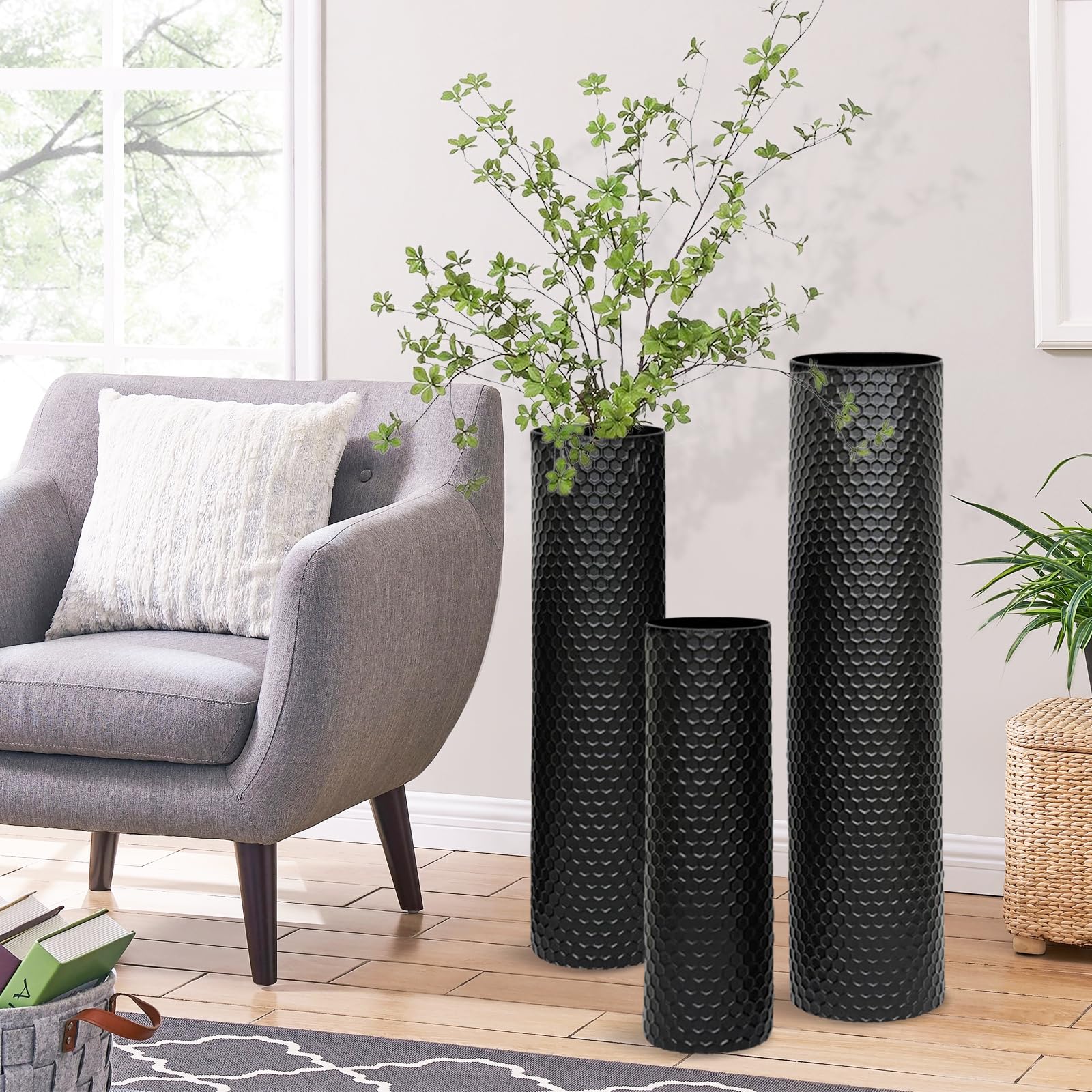 Large Black Floor Vase 70/55/40 cm Metal Floor Pots Set of 3 Honeycomb Structure Modern Decorative Vases Extra Tall Floor Vase for Fireplace Hallway Office Living Room