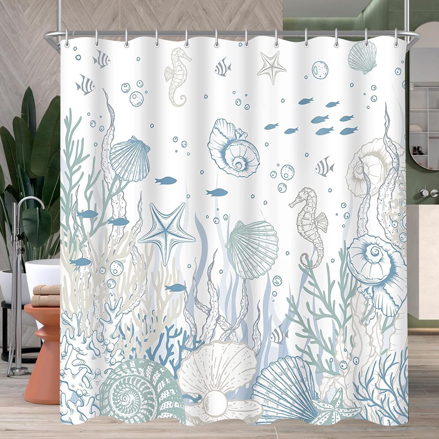 Lerores Tenda da doccia 180 x 180 cm, fondo marino, in tessuto antimuffa, orlo appesantito, impermeabile, lavabile, in tessuto di poliestere, con occhielli e 12 anelli per tenda da doccia per bagno,