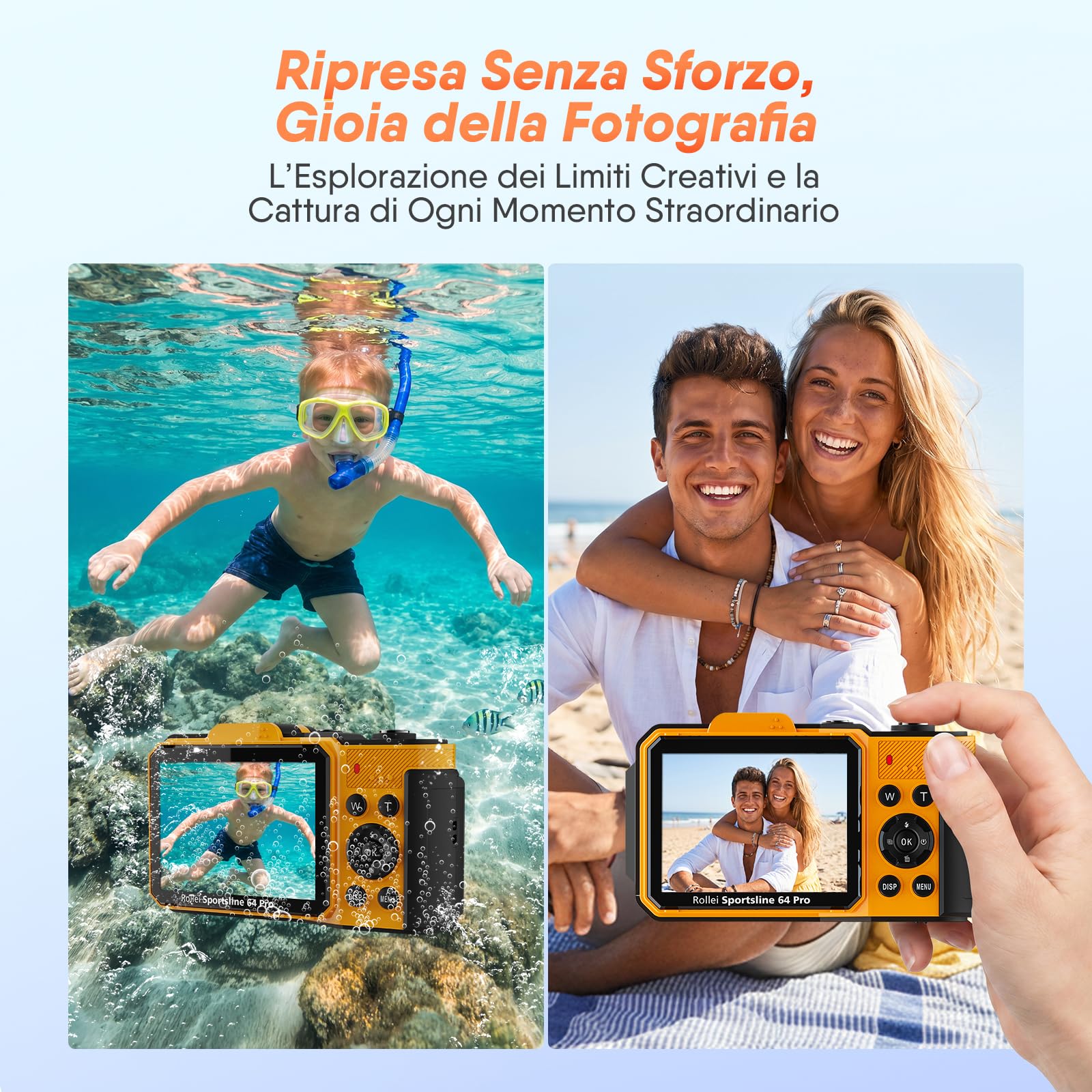 Macchina Fotografica Subacquea, Rollei Sportsline 64 Pro Fotocamera Subacquea Digitale 5K 64MP Telecamera Impermeabile con Sensore Sony 21MP Zoom Digitale 18X per Snorkeling Immersioni Nuoto