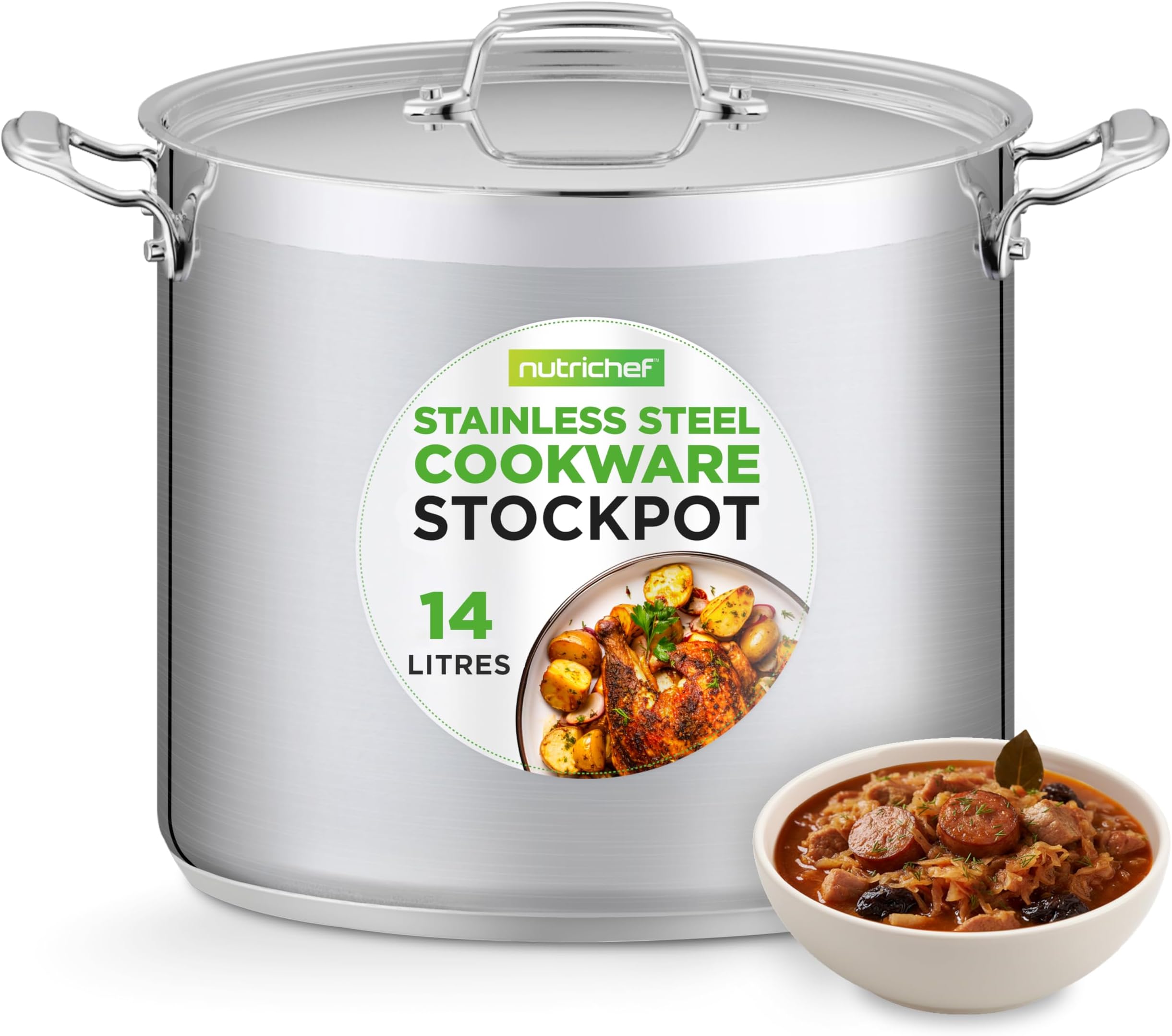 NutriChef Stainless Steel Stock Pot with Lid, 14 L Big Stockpots for Stew, Soup, Pasta, Meat- Induction Ready, Large Cooking Pot with Ergonomic Handles, Safe, Uncoloured