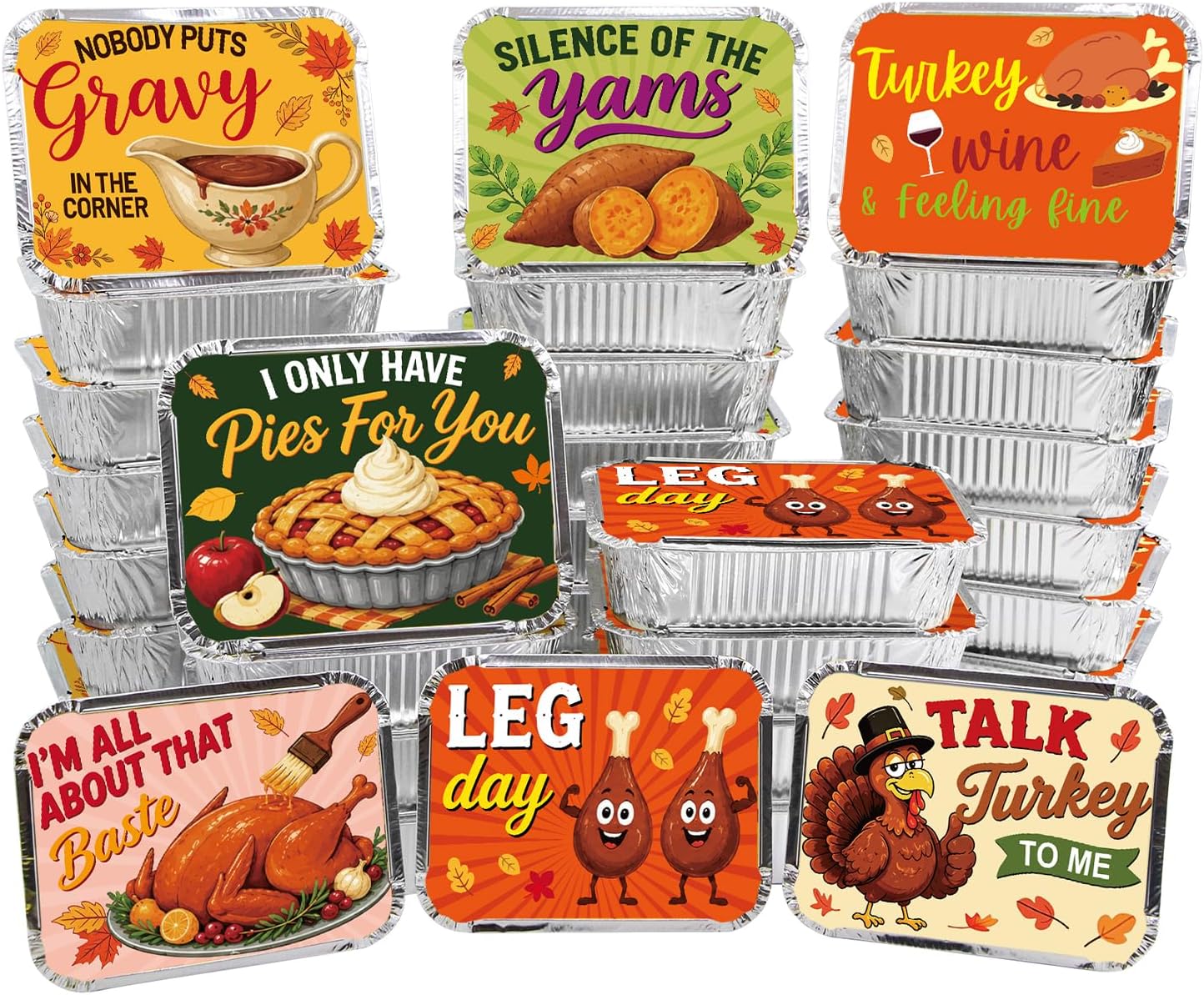 WorldBazaar 36PCS Funny Pun Thanksgiving Foil Leftover Containers with Lids