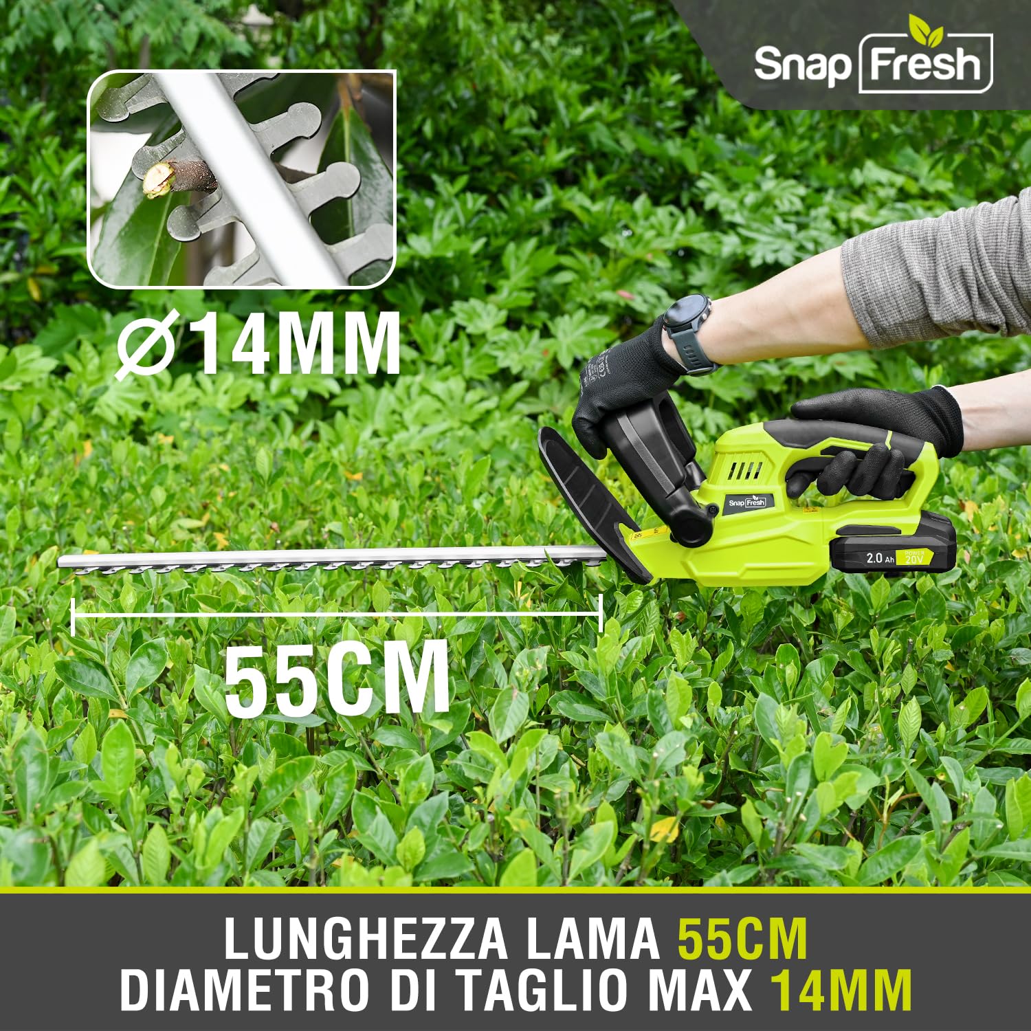 SnapFresh Tagliasiepi a Batteria 20V, Leggero 2,15 kg, 55 cm Lunghezza di Taglio, Distanza Denti 14 mm, 2800 SPM, Tagliasiepi Elettrico per Giardino, Siepi, Arbusti e Cespugli
