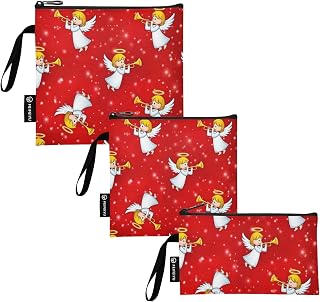 Cartoon Angels Sparkles Red Reusable Snack Bag and Sandwich Bags Washable Food Storage Bags with Zipper for School Office Travel Work (3 Pack: S/M/L)