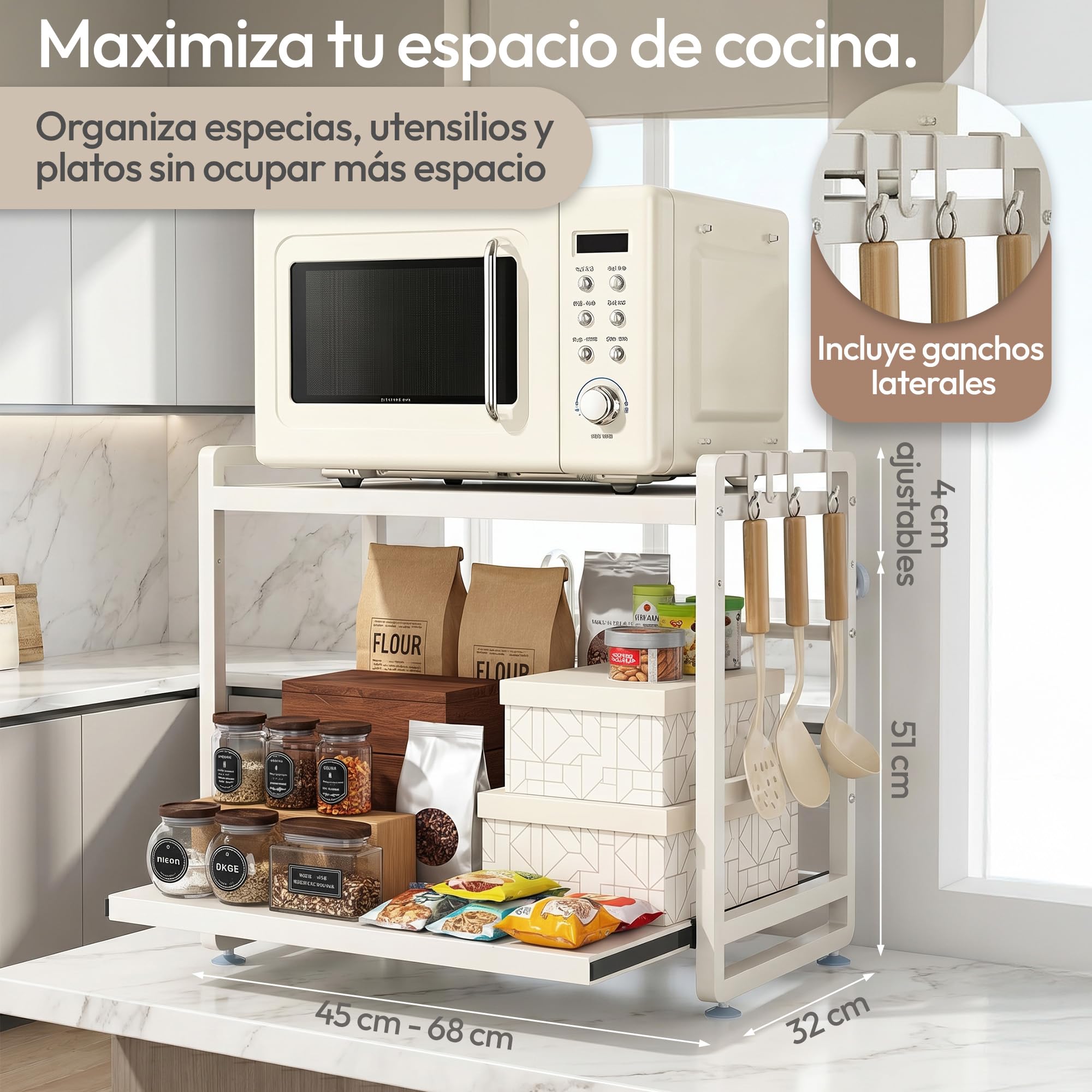Soporte Ajustable para Microondas Blanco con Bandeja Extraíble, Estante Extensible Antideslizante con Ventosas, Organizador de Cocina Firme, Alta Resistencia y Gran Capacidad de Carga