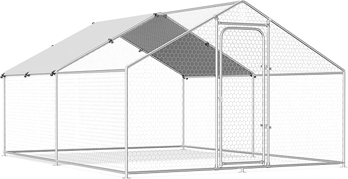 Large Metal Chicken Coop Walk-in Poultry Cage Chicken Run Pen Duck House with Waterproof and Anti-Ultraviolet Cover for Outdoor Farm Use Spire Roof(10' W x 13.2' L x 6.4' H)