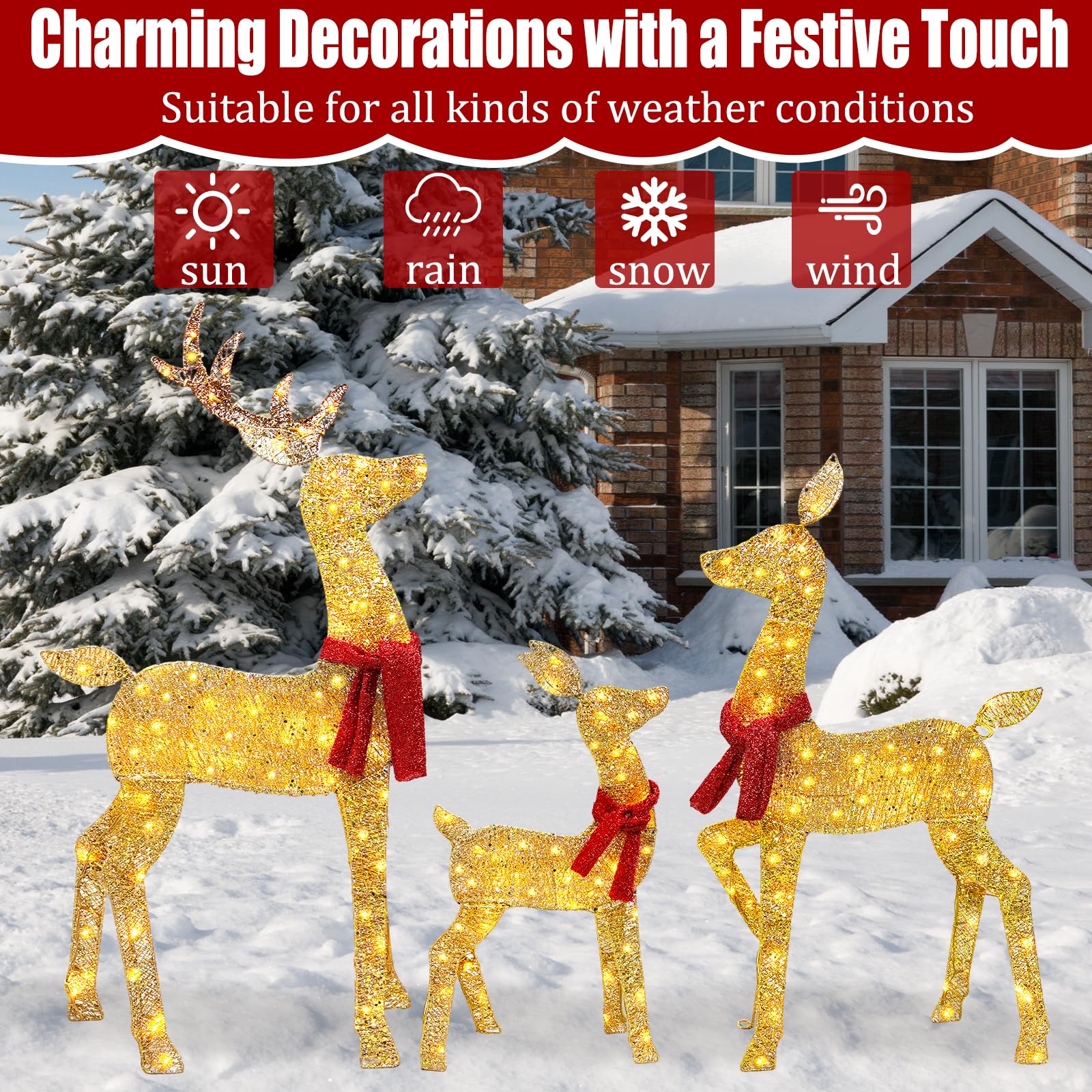 2025 3-teiliges 2D-beleuchtetes Weihnachts-Hirsch-Familien-Set, 1,2 m Outdoor-Weihnachts-Hirsch-Set, Dekoration mit 145 LED-Lichtern, Stecker für Urlaub, Vorhof, Veranda, Innendekoration, Gold
