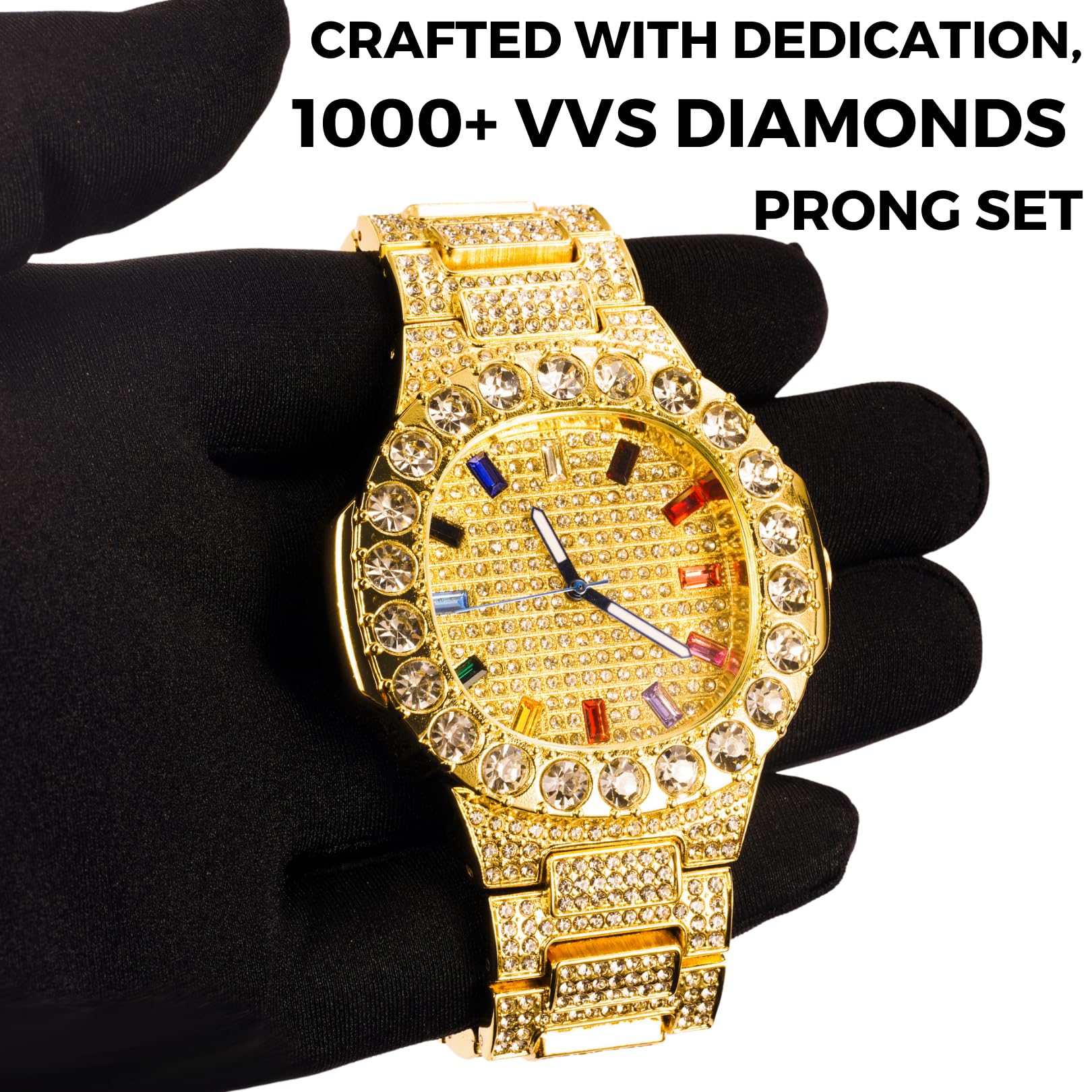 Halukakah Moissanit-Diamant Gold Uhr Für Männer - 18k Echtgold/Platin Weißgold Plattiert,Extragroßes,Diamanten Besetztes Zifferblatt mit Mehrfarbigen Edelsteinen,Iced Out,24cm Armband, mit Geschenkbox