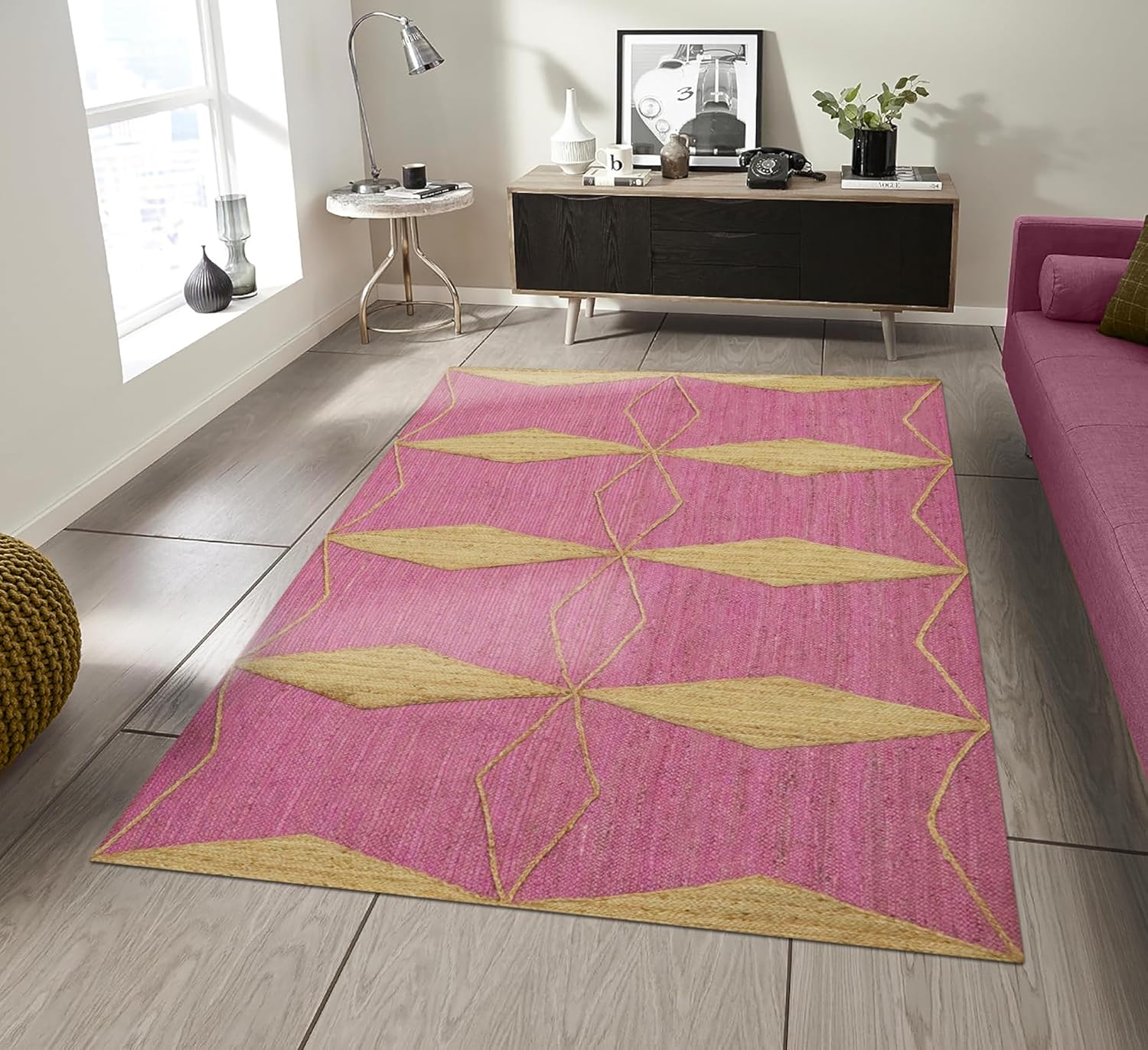 Kilim Runner Jute Runner Rug 5x10 Indoor Outdoor Dark Pink Beige Design Sisal Jute Rug Thick 0.27" Geometric Pattern Carpet Flatweave Area Handmade Boho Rugs for Hallway, Staircases, Corridor