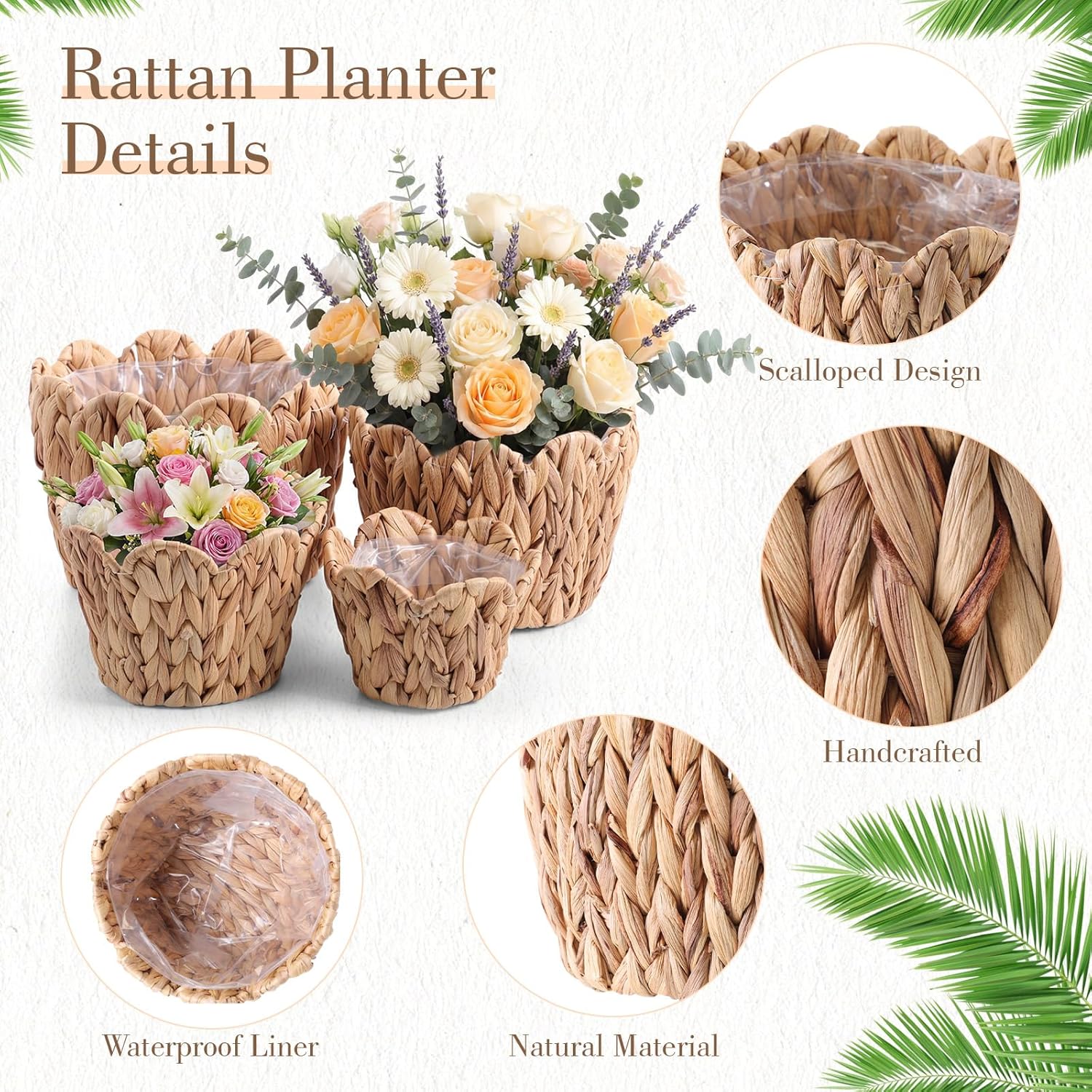 4 Pack Scalloped Wicker Plant Basket Water Hyacinth Plant Baskets Hand Woven Flower Pots Storage Containers with Plastic Liners for Indoor Outdoor Decoration, 10.2, 8.7, 7.5, 6 Inch(Untrim)