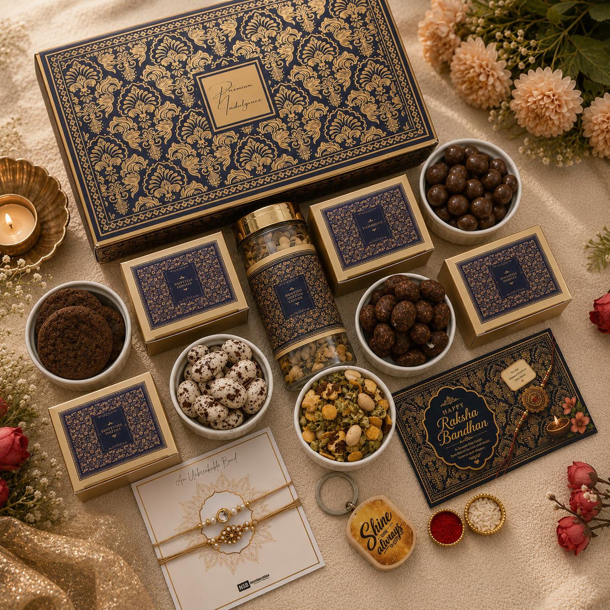 Premium Blue Rakhi Gift Hamper for Brother with Cookies, Paan Shots, Protein Crunch, Rose Petal Nutties, Tiramisu Biscoff Chocolates, 2 Bhaiya Rakhis & Greeting Card-image-24