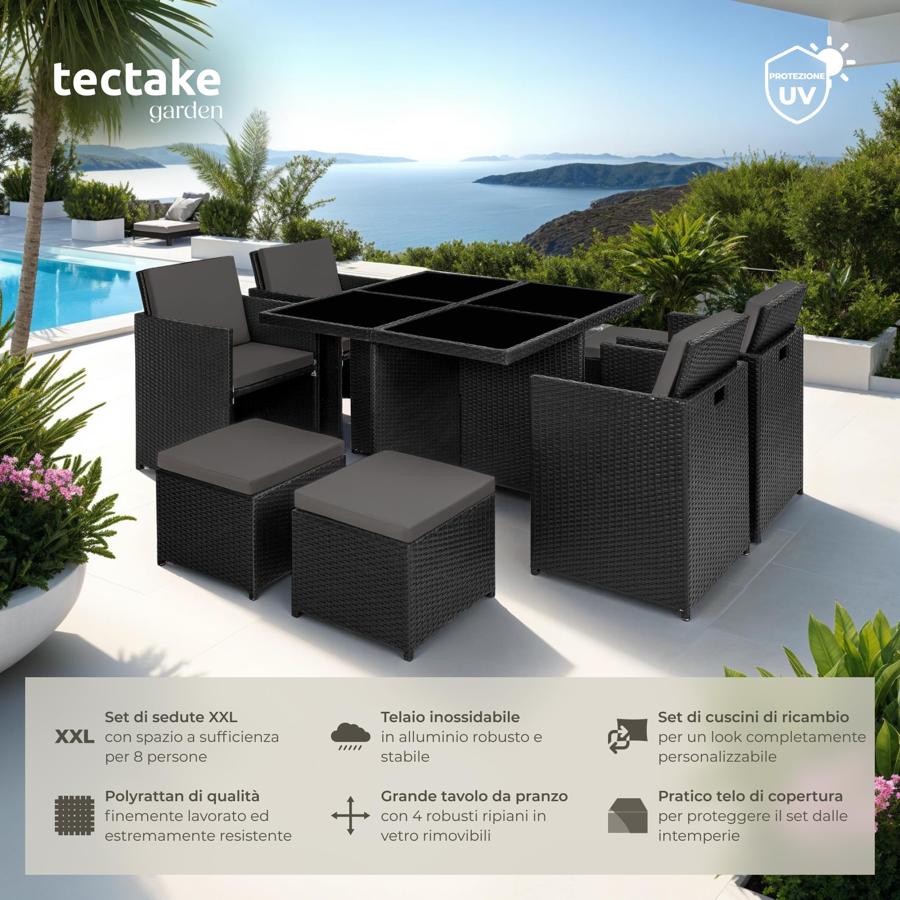 Tectake Set Mobili da Giardino Rattan Sintetico Alluminio 4 Sedie Tavolo 4 Sgabelli Involucro Protettivo Nero