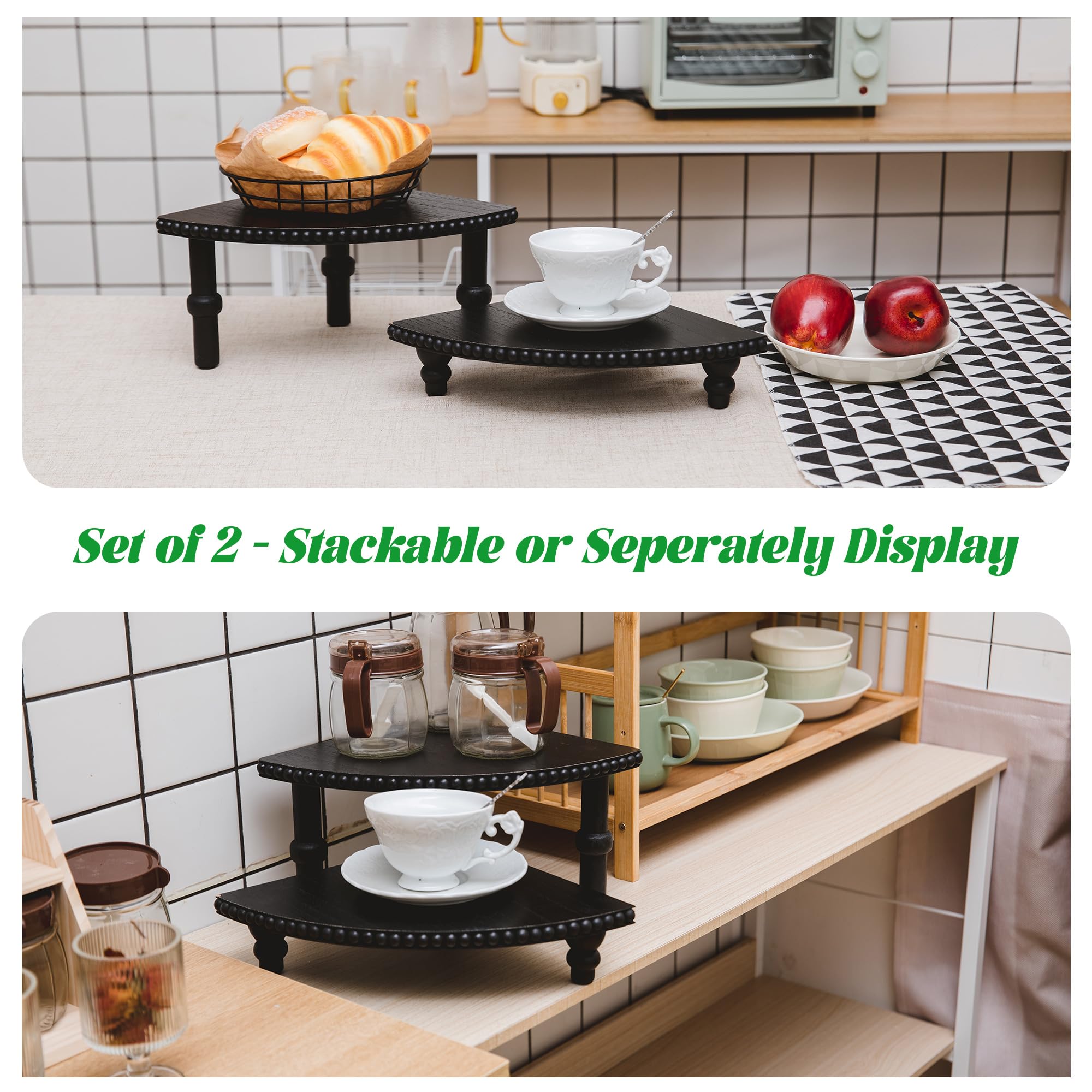 Defined Deco 2 Tier Corner Pedestal Stand Rustic Decor Riser for Display - Farmhouse Wood Beaded Tray Kitchen Bathroom Countertop Organizer for Coffee Bar, Plant Stand, Black Stackable Corner Shelf