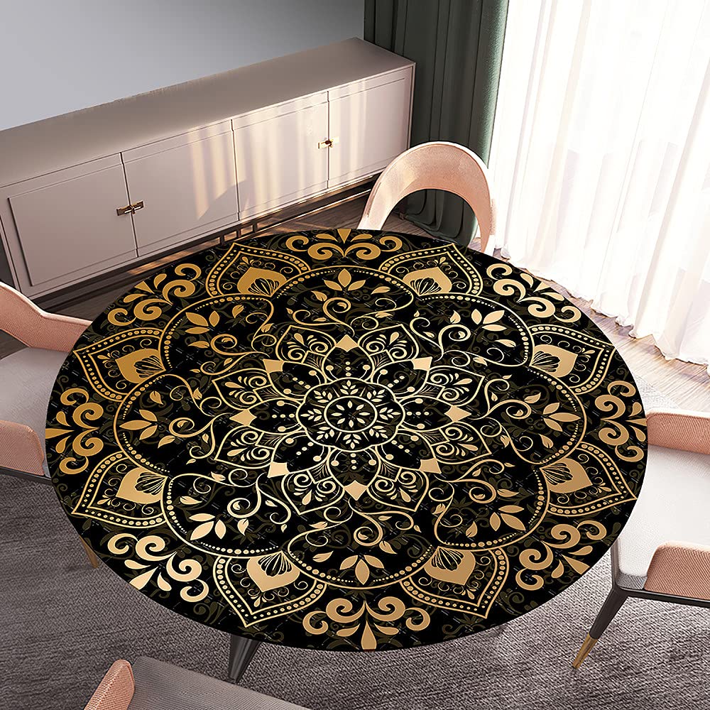 Treer-Shop Anthracite Round Tablecloth Fitted Elastic Mandala Table Cloth, Treer Waterproof Dust-Proof Wipeable Polyester Table Cover Elastic Edge 3D Print Tablecloths For Kitchen Party Outdoors (,Round 90Cm)
