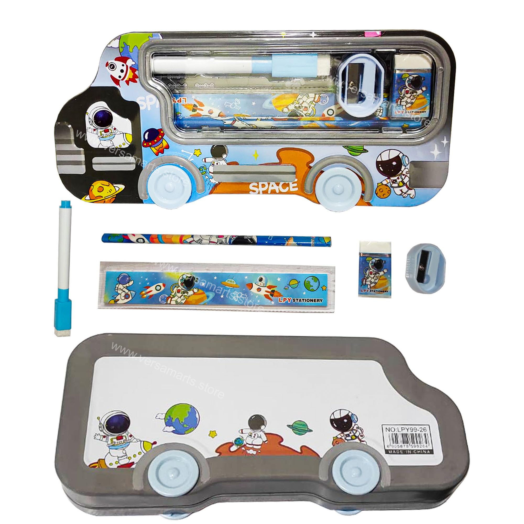 Versa-Marts Car Space Design Pencil Box for Kids - Double Layer Metal Pencil Case with Ruler, Eraser, Pencil Sharpener, Pencil, and Marker with Eraser