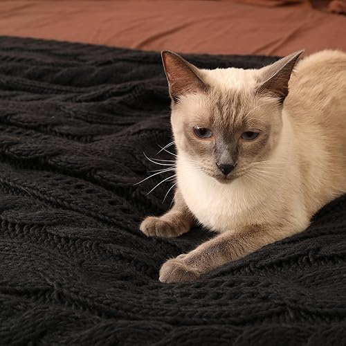 Miniatura 4 de Amélie Home Manta negra para sofá, manta de punto trenzado hueco, suave, acogedora, ligera y transpirable, decorativa de primavera para sofá,