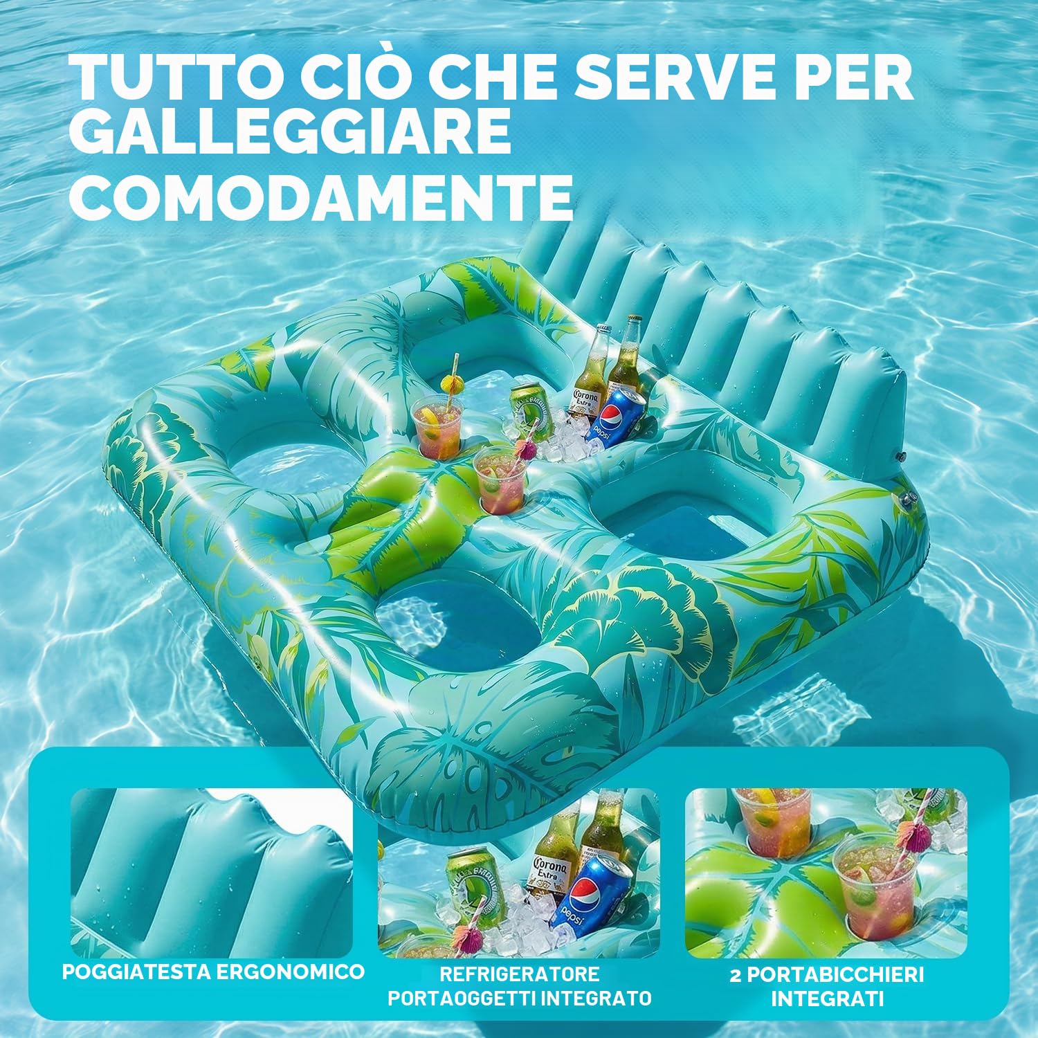 SOLAVERO Materassino Gonfiabile Piscina, 180 × 156 cm Lettino Gonfiabile Piscina 2 Posti con Portabevande e Poggiatesta, Materassino Abbronzante per Spiaggia e Acqua Festa