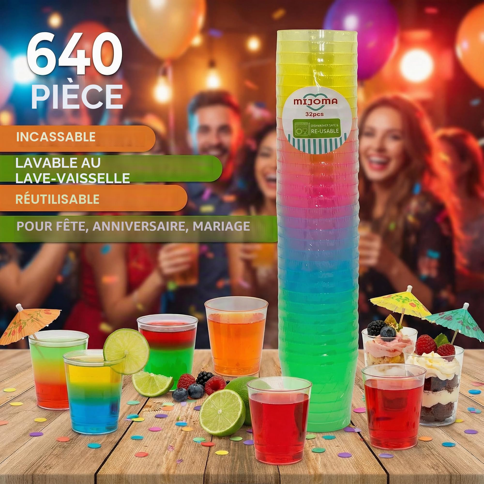 MIJOMA Lot de 640 verres à liqueur incassables en plastique robuste pour jello shots, desserts, fêtes, mariages, anniversaires, passent au lave-vaisselle, réutilisables, 29 ml (arc-en-ciel)