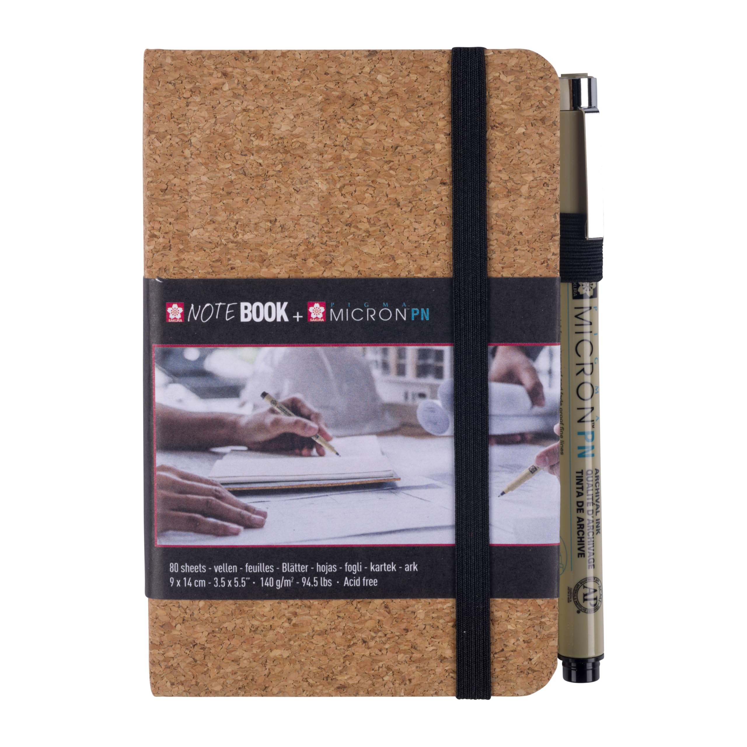 Sakura Sketch Notebook 9x14cm with 80 Acid-Free Cream White Sheets 140gsm, Includes Pigma Micron Pen Holder, Hardcover Design, Elastic Closure for Travel