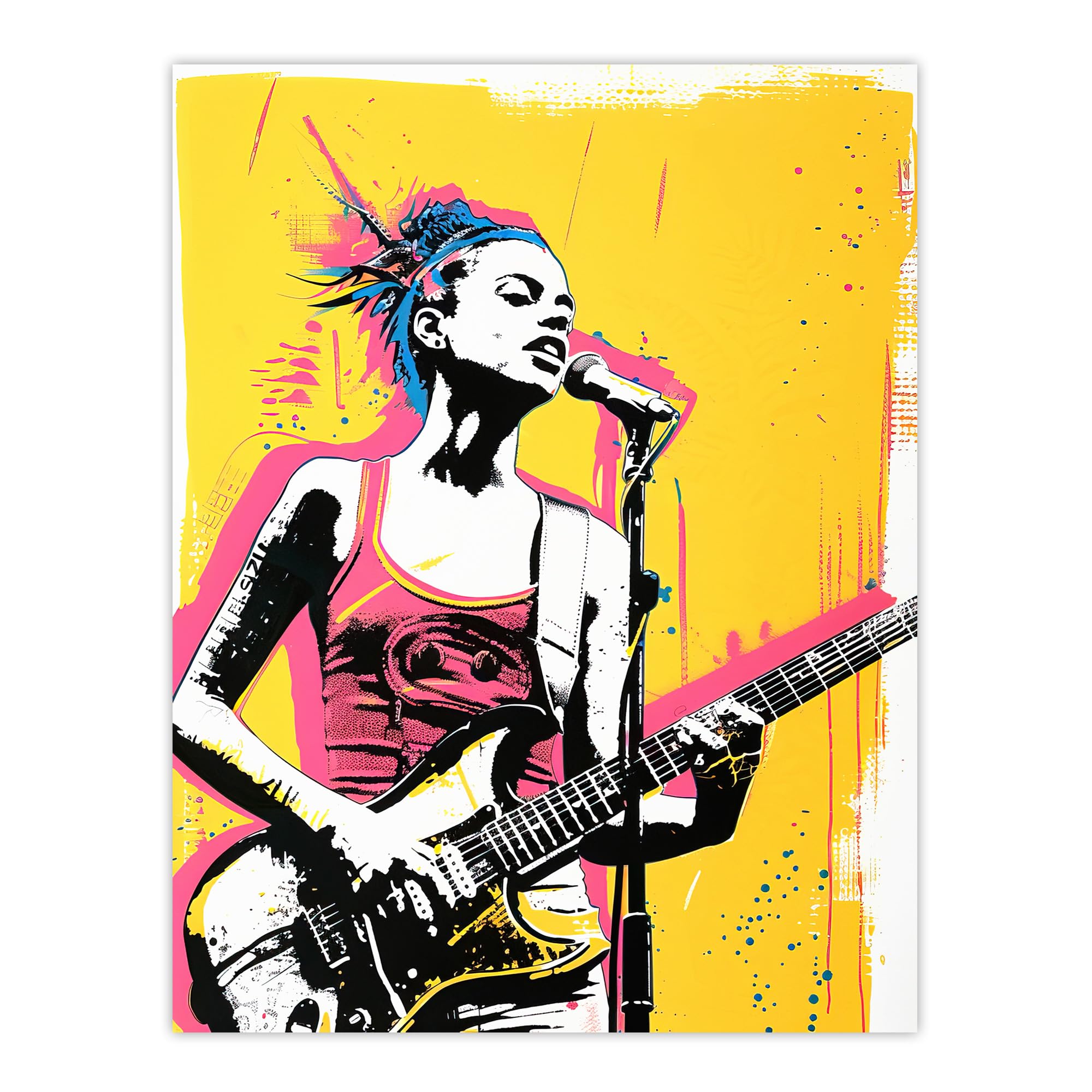 Artery8 Female Punk Music Guitarist Portrait Yellow Pink Living Room Unframed Wall Art Print Poster Home Decor Premium