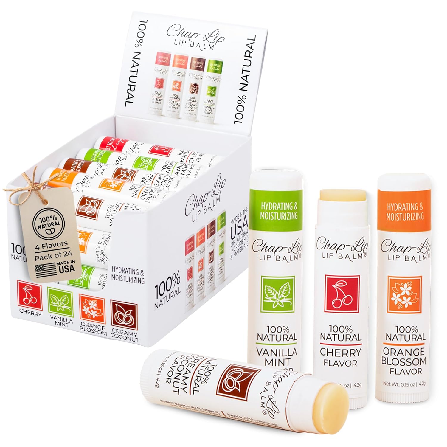 100% Natural Lip Balm Set – Hydrating and Moisturizing Beeswax Natural 4 Flavor Assortment – Lip Moisturizer for Dry Lips – Cocoa Butter – Petroleum Free Pack of 24 100% Natural Lip Balm Set – Hydrating and Moisturizing Beeswax Natural 4 Flavor Assortment – Lip Moisturizer for Dry Lips – Cocoa Butter – Petroleum Free Pack of 24