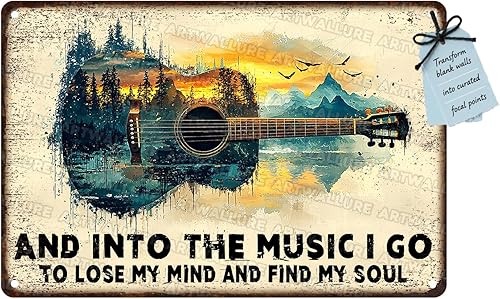 Póster de metal retro con texto en inglés And Into the Music, letrero vintage para hombre, cueva, divertido, garaje, bar, cobertizo de 8 x 12