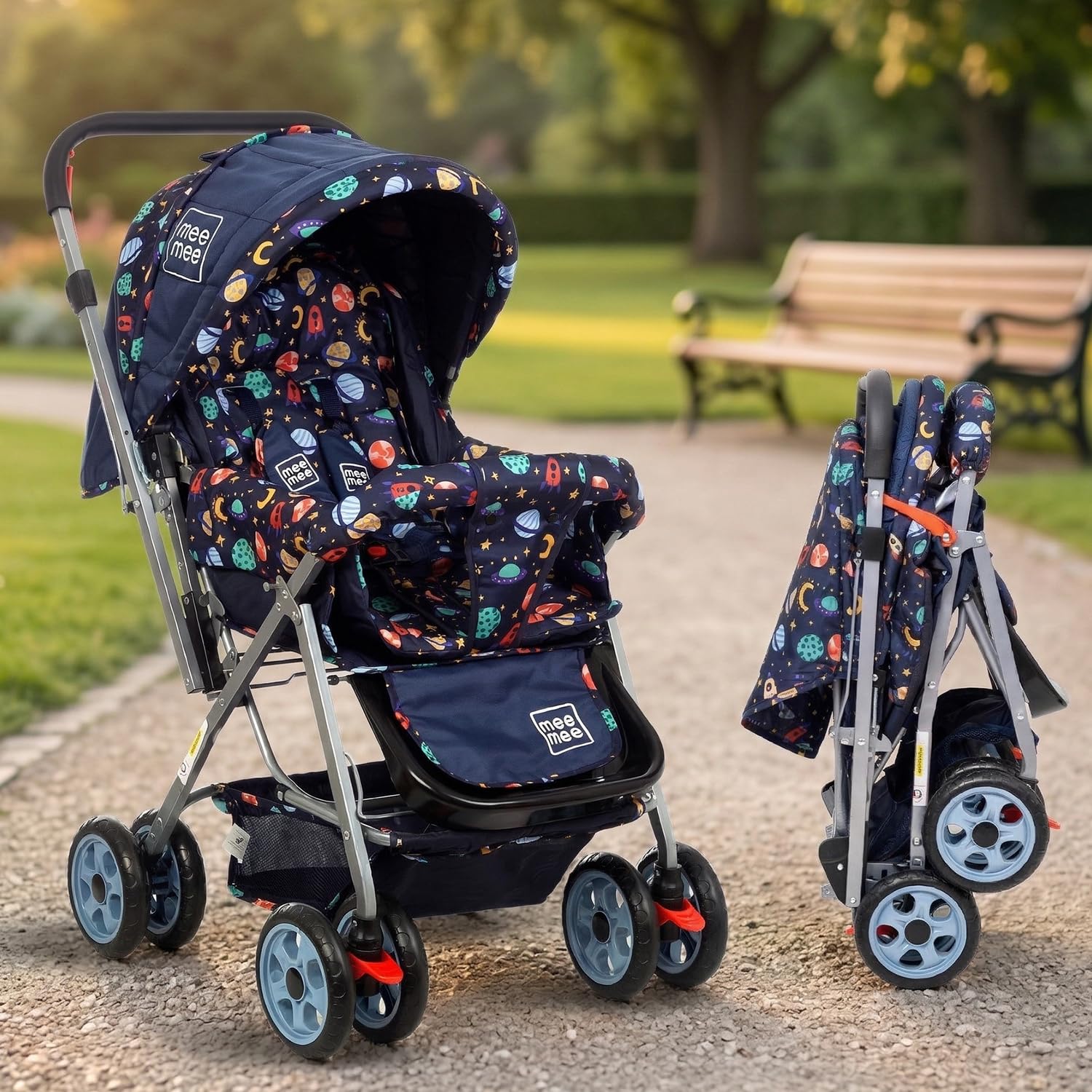 Mee Mee Little Explorer Baby Stroller/Pram for 0 to 3 Years, New Born/Kids, 5 Point Safety Harness, Adjustable backrest, 360 Swivel Wheel, Large Storage Basket, Reversible Handle (Navy Blue)