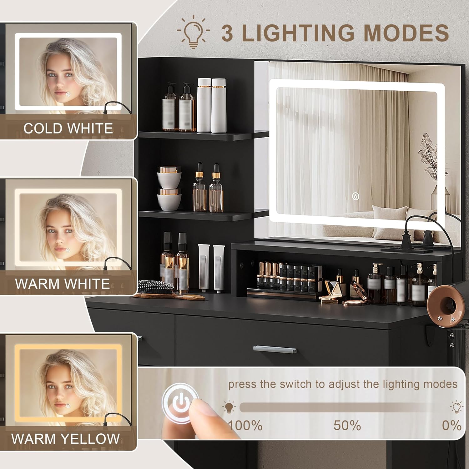 Vanity Desk with LED Mirror and Lights, Makeup Vanity Table with Power Outlet, Drawers, Cabinet, Dressing Table with Open Storage Shelves for Bedroom, Dressing Room, Black