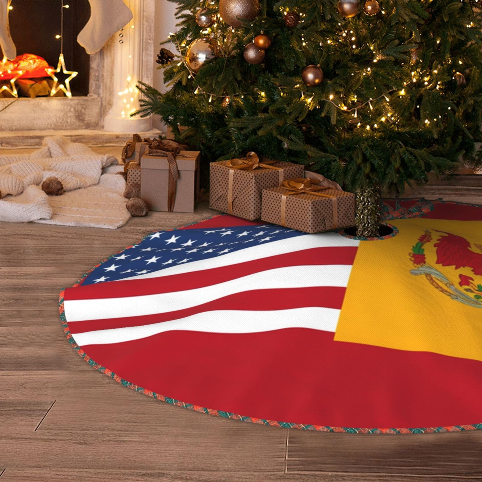 American Spain Flag Christmas Tree Skirt 36" Artificial Tree Mat Cover Merry Christmas Burlap Xmas Tree Skirt for Christmas Decoration Holiday Indoor Outdoor Winter Party Decor