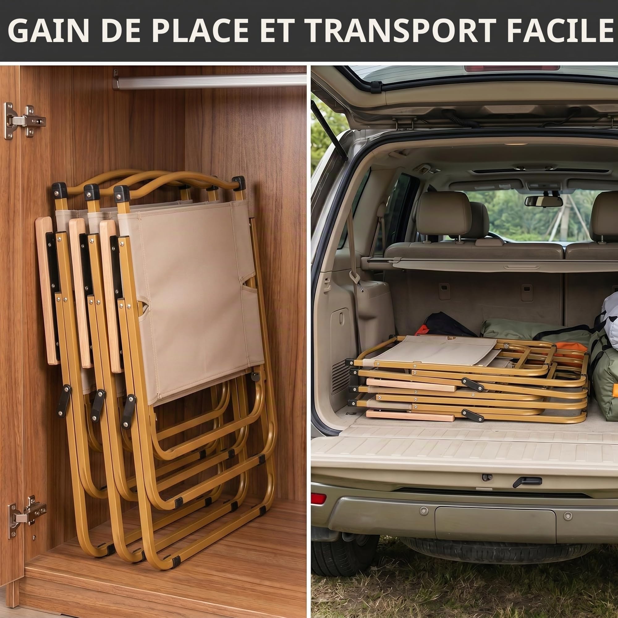 EGGREE Lot de 2 Chaises de Camping, Capacité de Charge de 120 kg, Accoudoirs en Bois et Tissu Oxford 600D, Chaises Pliantes Portables pour Camping, Plage, Terrasse, Pêche (Kaki)