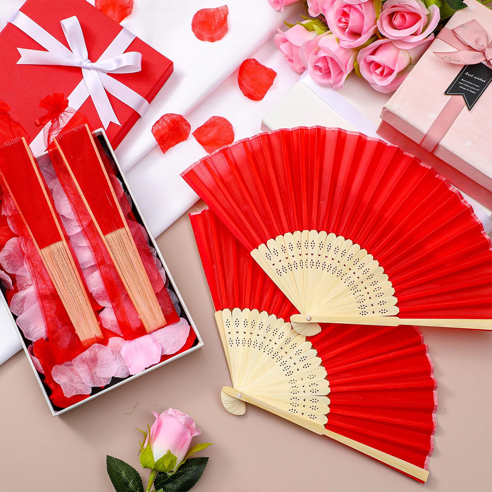 Tatuo Handfächer, Bambus-Seide, faltbar, Handfächer, Make-up-Fächer, chinesische dekorative Faltfächer, Cosplay-Dekorationen, für Männer und Frauen, Party, Festival, Performance, Rot, 80 Stück