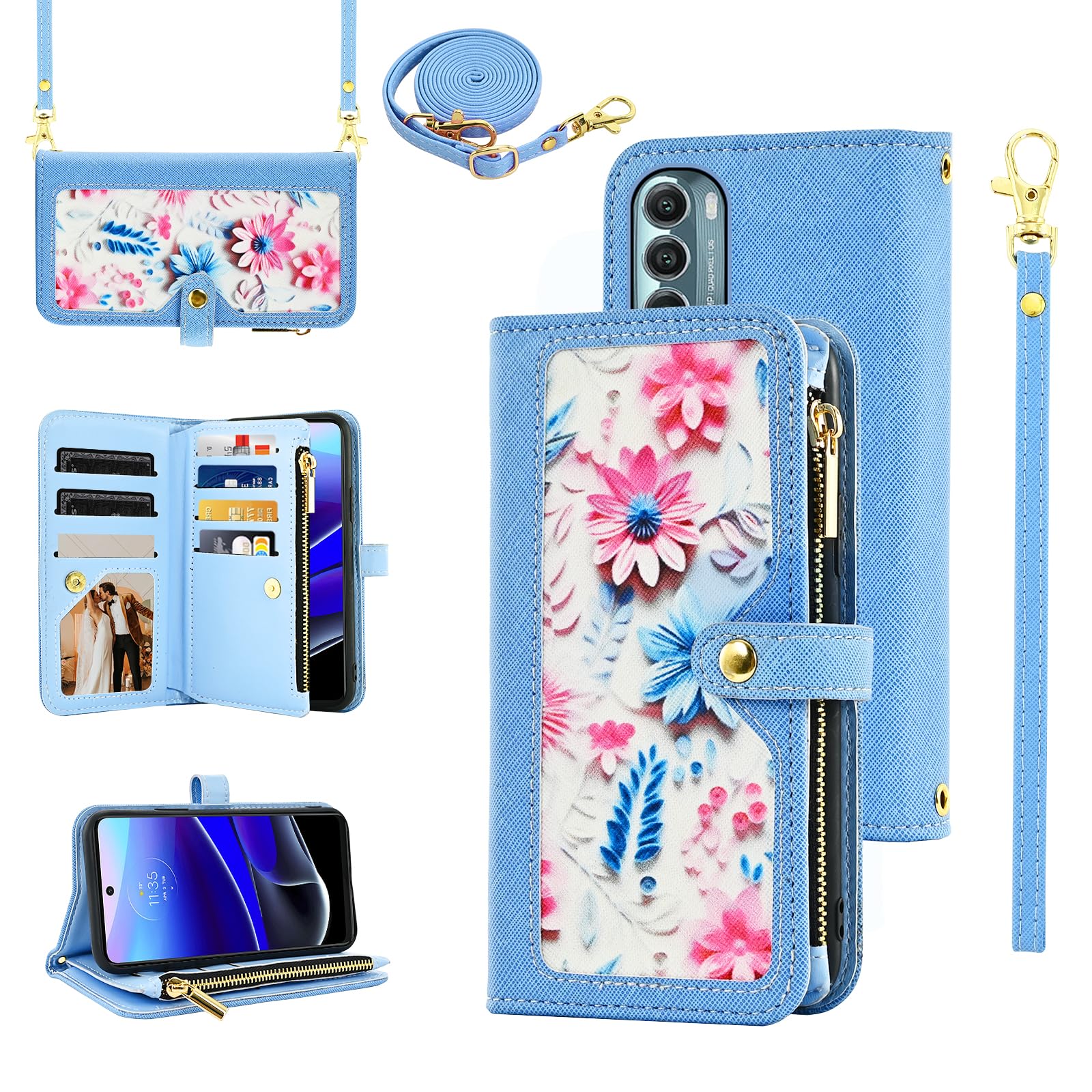 Furiet Floral Wallet Case for Moto G Stylus 2022 4G with Wrist Strap Shoulder Strap Flip Zipper Purse, PU Leather Credit Card Holder Stand Phone Cover